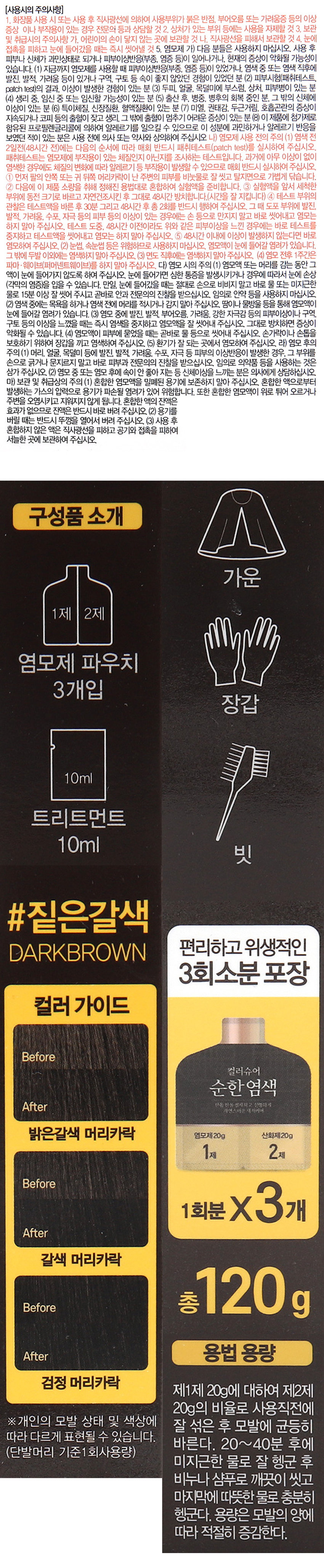 컬러슈어 파우치염모제 (짙은갈색)
#짙은갈색 선명하고 자연스러운 새치커버
DARKBROWN 한올 한올 섬세하게 착색 되며, 뛰어난 광택력과 부드러운 컬러감
\3,000
하늘타리뿌리
신공부리
컬러슈어
순한염색 구릿대뿌리
주었나무업원
a 두피보호 특허 5가지 식물 성분
3회분 a 피부 진정을 돕는 허브 혼합추출물
두피보호 특허성분 함유
THREE TIMES
특허 제10-0654387호 두피 보호 효과를 가지는 화장료 조성물)
5가지 식물성분 (하늘타리뿌리, 팥. 천궁뿌리. 구릿대뿌리, 주엽나무열매 추출물)
기능성화장품
(사용방법)
1. 염색전 비닐장갑을 끼고 1제, 2제 동일한 비율로 잘섞어줍니다.
2. 모발에 균등하게 발라줍니다.
20~40분 3. 모발 상태에 따라 20~40분 기다립니다.
4. 미지근한 물로 행군 후 비누나 샴푸로 깨끗이 씻어줍니다.
*동봉된 트리트먼트 사용 시 모발 손상으로부터 보호할 수 있습니다.
(효능효과) 모발의 염모(짙은갈색)
(용법용량) 제1제 20g에 대하여 제2제 20g의 비율로 사용직전에 잘 섞은 후 모발에 균등히 바릅니다. 20~40분 후에 미지근한 물로 잘 헹군 후 비누나 샴푸로 깨끗이 씻고 마지막에 따뜻한 물로 충분히 헹굽니다. 용량은 모발의 양에 따라 적절히 증감합니다.
(전성분) 제1제: 정제수, 에탄올아민, 올레일알코올, 세테아릴알코올, 스테아레스-2. 피마자씨오일, 스테아레스-21. 에톡시다이글라이콜, p-페닐렌디아민, 페트롤라툼, 베헨트라이모늄클로라이드, 아이소프로필알코올. 에칠렌글라이콜, 사이클로펜타실록세인, 다이메티콘, 올레스-5포스페이트, 다이올레일포스페이트, 토코페롤, 다이포타슘글리시리제이트, 사이클로덱스트린, 에리소빅애씨드, 소듐설파이트, 다이소듐이디티에이, 라우릭애씨드, 미리스틱애씨드, 팔미틱애씨드, 스테아릭애씨드, 올레익애씨드, 아라키딕애씨드, 단테닐하이드록시프로필스테이다이도늄클로라이드, 에틸헥실글리세린, 부틸렌글라이콜, 폴리쿼터늄-10, 올리브오일, 아르간커넬오일, 아보카도오일, 식물성오일, 스위트아몬드 오일, 호호바씨오일, 알지닌, 메티오닌, 트립토판, 실크아미노산, 하이드롤라이즈드케라틴, 하이드롤라이즈드콜라겐, 하이드롤라이즈드밀단백질, 유럽무늬갑오징어먹물추출물, 라벤더꽃추출물, 베르가못잎추출물, 페퍼민트잎추출물, 프리지어추출물, 마트리카리아꽃추출물, 로즈마리잎추출물, 하늘타리뿌리추출물, 팥추출물, 천궁뿌리추출물, 구릿대뿌리추출물, 주엽나무열매추출물, 글리세릴올리에이트시트레이트, 1,2-헥산다이올, 에틸헥산다이올, 레조시놀, o-아미노페놀, 소듐벤조에이트, 페녹시에탄올, 향료, 벤질살리실레이트, 시트랄, 제라니올, 헥실신남알, 리모넨, 리날룰
제2제: 정제수, 세테아릴알코올, 과산화수소수 35%, 세테스-20, 스테아릴스테아레이트, 프로필렌 글라이콜, 소듐스타네이트, 다이소듐이디티에이, 소듐포스페이트, 에티드로닉애씨드, 포스포릭애씨드, 아크릴레이트/세테스-20이타코네이트코폴리머, 향료, 시트로넬올, 헥실신남알, 부틸페닐메틸프로피오날, 리모넨, 리날룰, 알파-아이소메틸아이오논
(사용시의 주의사항)
1. 화장품 사용 시 또는 사용 후 직사광선에 의하여 사용부위가 붉은 반점, 부어오름 또는 가려움증 등의 이상 증상이나 부작용이 있는 경우 전문의 등과 상담할 것
2. 상처가 있는 부위 등에는 사용을 자제할 것
3. 보관 및 취급시의 주의사항 가. 어린이의 손이 닿지 않는 곳에 보관할 것 나. 직사광선을 피해서 보관할 것
4. 눈에 접촉을 피하고 눈에 들어갔을 때는 즉시 씻어낼 것
5. 염모제 가) 다음 분들은 사용하지 마십시오. 사용 후 피부나 신체가 과민상태로 되거나 피부이상반응(부종, 염증 등)이 일어나거나, 현재의 증상이 악화될 가능성이 있습니다. (1) 지금까지 염모제를 사용할 때 피부이상반응(부종, 염증 등)이 있었거나, 염색 중 또는 염색 직후에 발진, 발적, 가려움 등이 있거나 구역, 구토 등 속이 좋지 않았던 경험이 있었던 분 ② 피부시험(패취테스트, patch test)의 결과, 이상이 발생한 경험이 있는 분 (3) 두피, 얼굴, 목덜미에 부스럼, 상처, 피부병이 있는 분 (4) 생리 중. 임신 중 또는 임신할 가능성이 있는 분 (5) 출산 후, 병중, 병후의 회복 중인 분, 그 밖의 신체에 이상이 있는 분 (6) 특이체질, 신장질환, 혈액질환이 있는 분 (7) 미열, 권태감, 두근거림, 호흡곤란의 증상이 지속되거나 코피 등의 출혈이 잦고 생리, 그 밖에 출혈이 멈추기 어려운 증상이 있는 분⑧이 제품에 첨가제로 함유된 프로필렌글리콜에 의하여 알레르기를 일으킬 수 있으므로 이 성분에 과민하거나 알레르기 반응을 보였던 적이 있는 분은 사용 전에 의사 또는 약사와 상의하여 주십시오
나) 염모제 사용 전의 주의 (1) 염색 전 2일전(48시간 전)에는 다음의 순서에 따라 매회 반드시 패취테스트(patch test)를 실시하여 주십시오. 패취테스트는 염모제에 부작용이 있는 체질인지 아닌지를 조사하는 테스트입니다. 과거에 아무 이상이 없이 염색한 경우에도 체질의 변화에 따라 알레르기 등 부작용이 발생할 수 있으므로 매회 반드시 실시하여 주십시오. ① 먼저 팔의 안쪽 또는 귀 뒤쪽 머리카락이 난 주변의 피부를 비눗물로 잘 씻고 탈지면으로 가볍게 닦습니다. ② 다음에 이 제품 소량을 취해 정해진 용법대로 혼합하여 실험액을 준비합니다. ③ 실험액을 앞서 세척한 부위에 동전 크기로 바르고 자연건조시킨 후 그대로 48시간 방치합니다.(시간을잘 지킵니다) ④ 테스트 부위의 관찰은 테스트액을 바른 후 30분 그리고 48시간 후 총 2회를 반드시 행하여 주십시오. 그때 도포 부위에 발진, 발적, 가려움, 수포, 자극 등의 피부 등의 이상이 있는 경우에는손등으로 만지지 말고 바로 씻어내고 염모는 하지 말아 주십시오. 테스트 도중, 48시간 이전이라도 위와 같은 피부이상을 느꼈 경우에는 바로 테스트를 중지하고 테스트액을 씻어내고 염모는 하지 말아 주십시오. ⑤48시간이내에 이상이 발생하지 않는다면 바로 염모하여 주십시오. (2) 눈썹, 속눈썹 등은 위험하므로 사용하지 마십시오. 염모액이 눈에 들어갈 염려가 있습니다. 그 밖에 두발 이외에는 염색하지말아 주십시오. (3) 면도 직후에는 염색하지 말아 주십시오. (4) 염모 전후 1주간은 파마·웨이브(퍼머넨트웨이브)를 하지 말아 주십시오.
다) 염모 시의 주의(1) 염모액 또는 머리를 감는 동안 그액이 눈에 들어가지 않도록 하여 주십시오. 눈에 들어갈 경우 심한 통증을 발생시키거나 경우에 따라서 눈에 손상(각막의 염증)을 입을 수 있습니다. 만일, 눈에 들어갔을 때는 절대로 손으로 비비지 말고 바로 물 또는 미지근한 물로 15분 이상 잘 씻어 주시고 곧바로 안과 전문의의 진찰을 받으십시오. 임의로 안약 등을 사용하지 마십시오. (2) 염색 중에는 목욕을 하거나 염색 전에 머리를 적시거나 감지 말아 주십시오. 땀이나 물방울 등을 통해 염모액이 눈에 들어갈 염려가 있습니다. (3) 염모 중에 발진, 발적, 부어오름, 가려움, 강한 자극감 등의 피부이상이나구역, 구토 등의 이상을 느꼈을 때는 즉시 염색을 중지하고 염모액을 잘 씻어내 주십시오. 그대로 방치하면 증상이 악화될 수 있습니다. (4) 염모액이 피부에 묻었을 때는 곧바로 물 등으로 씻어내 주십시오. 손가락이나손톱을 보호하기 위하여 장갑을 끼고 염색하여 주십시오. (5) 환기가 잘 되는 곳에서 염모하여 주십시오.
라) 염모 후의 주의(1) 머리, 얼굴, 목덜미 등에 발진, 발적, 가려움, 수포, 자극 등 피부의 이상반응이 발생한 경우, 그 부위를 손으로 긁거나 문지르지 말고 바로 피부과 전문의의 진찰을 받으십시오. 임의로 의약품 등을 사용하는 것은 삼가주십시오. ② 염모 중 또는 염모 후에 속이 안 좋아지는등신체이상을느끼는 분은 의사에게 상담하십시오.
마) 보관 및 취급상의 주의(1) 혼합한 염모액을 밀폐된 용기에 보존하지 말아 주십시오. 혼합한 액으로부터 발생하는 가스의 압력으로 용기가 파손될 염려가 있어 위험합니다. 또한 혼합한 염모액이 위로 튀어 오르거나 주변을 오염시키고 지워지지 않게 됩니다. 혼합한액의잔액은 효과가 없으므로 잔액은 반드시바로 버려 주십시오. (2)용기를 버릴 때는 반드시 뚜껑을 열어서 버려 주십시오. (3) 사용 후 혼합하지 않은 액은 직사광선을 피하고 공기와 접촉을 피하여 서늘한 곳에 보관하여 주십시오.
구성품 소개
가운
1제 2제
염모제 파우치 3개입
장갑
10ml
트리트먼트
10ml
빗
#짙은갈색
DARKBROWN 편리하고 위생적인
3회소분 포장
컬러 가이드
Before
컬러슈어
순한염색
After 산동전통 선사하고 신청하게
자연스러운 색자이어
밝은갈색
머리카락
염모제20g
산화제20g
1제 2제
Before
1회분 X3개
After
갈색 머리카락
Before 총 120g
After 용법 용량
검정
머리카락
제1제 20g에 대하여 제2제
20g의 비율로 사용직전에
잘 섞은 후 모발에 균등히
바른다. 20~40분 후에
(단발머리 기준1회사용량)
미지근한 물로 잘 헹군 후
비누나 샴푸로 깨끗이 씻고
마지막에 따뜻한 물로 충분히
헹군다. 용량은 모발의 양에
따라 적절히 증감한다.(품번) 1028295
(품명) 컬러슈어파우치염모제(짙은갈색)
(중량) 1제 20g, 2제 20g (3회분 총 120g)
(제조업자) (주)우신화장품 경기도 부천시 오정구 수도로 125번길 33 (내동)
(책임판매업자) (주)스프링클/ 경기도 안성시 죽산면 걸미로 678
(제조번호 및 사용기한) 별도표시
본 상품에 이상이 있을 경우 공정거래위원회 고시 소비자 분쟁 해결기준에 의해 보상해 드립니다.
소비자 상담실 : 1544-8460
Made in Korea