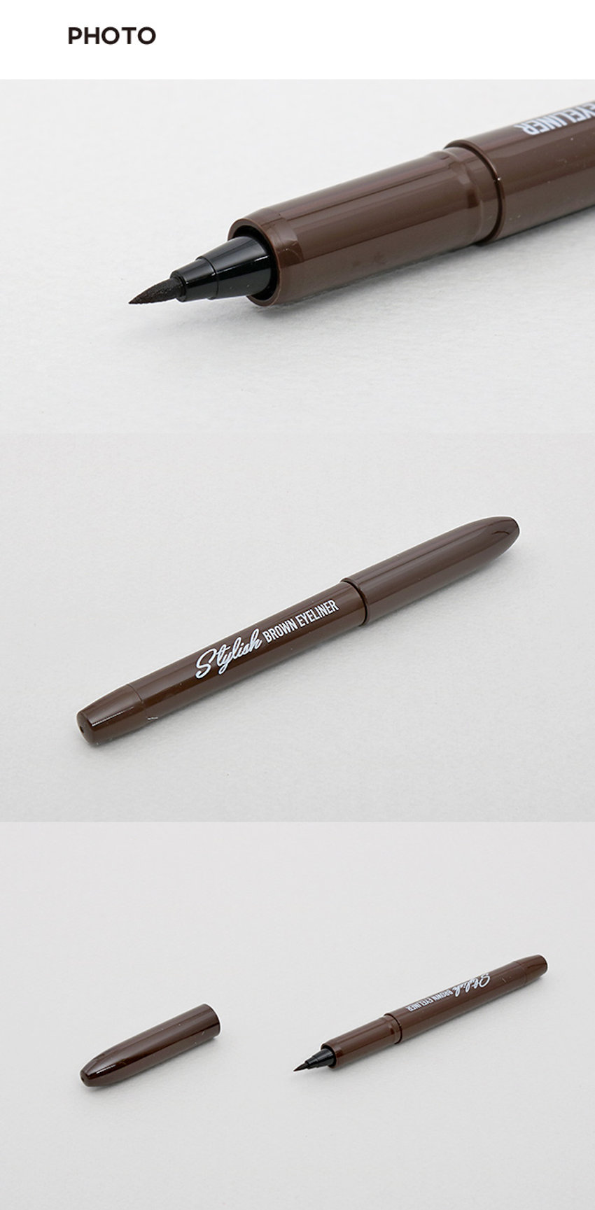 붓펜 아이라이너 브라운
Stylish BROWN EYELINER
INER 67
Stylish BROWN EYELINER
ONE WHITER 1748PRODUCT INFO
#번짐 ZERO #또렷한 눈매
스타일리쉬 붓펜 아이라이너
STYLISH BRUSH PEN EYELINER
2 Color/0.6ml
번짐없이
선명하게!
BROWN EYELINERStylick
WNEVELINERStyltylcabo
섬세한 표현과 균일한 라인 표현
촉촉한 스펀지 팁으로 부드러운 발림성과
끊김 없이 꼬리까지 선명하게 표현
PICK!
이런분들에게 추천 드려요!
아이라인을 처음 사용하거나 굵기 조절에 서툰 분
선명하고 또렷한 눈매를 연출하고 싶은 분
번짐 없이 깔끔한 눈매가 유지되길 원하는 분
초보자도 쉽고 간편하게
번짐없이 선명한 눈매 연출
스타일리쉬 붓펜 아이라이너 (브라운)
01
고발색 & 빠른건조
/
뭉침 없이 끝까지 깊고 선명하게
빠른 건조로 깔끔하게 눈매 연출
02
이지 드로잉
/
텐션감이 우수한 스펀지 팁으로 갈라짐 없이
초보자도 쉽게 균일한 라인 표현 가능
03
롱래스팅 & 이지 워셔블
/
오랜 시간 번짐 없이 또렷한 라인 유지
클렌징은 미온수로 쉽고 간편하게
COLOR CHECK
#BROWN
부담없이 자연스럽게
부드러운 눈매를 연출
HOW TO USE
브라운 BROWN
1. 사용전가볍게2~3회 흔든 뒤 눈앞머리부터 속눈썹 사이 점막을 매워
또렷한 눈매를 연출해 줍니다.
2. 눈 꼬리까지 자연스럽게 라인을 이어 그려줍니다.
3. 더 시원한 눈매를 원한다면 눈꼬리를 더 길게 배 연출해 줍니다.
TIP
팁, 브러쉬에 화장품이 묻으면 내용물이 잘 나오지 않으니 사용 후
물티슈로 팁, 브러쉬 부분을 가볍게 닦아주고 사용해 주세요.
섬세한 라인을 연출하고 싶을 때 볼드한 라인을 연출하고 싶을 때
아이라이너를 살짝 세워서 그려주세요. 아이라이너를 살짝 눕혀서 그려주세요.
(사용시 주의사항)
1) 화장품 사용 시 또는 사용 후 직사광선에 의하여 사용부위가 붉은 반점, 부어오름 또는
가려움증 등의 이상 증상이나 부작용이 있는 경우 전문의 등과 상담할 것
2) 상처가 있는 부위 등에는 사용을 자제할 것
3) 보관 및 취급시의 주의사항 가) 어린이의 손이 닿지 않는 곳에 보관할 것 나) 직사광선을 피해서 보관할 것 * 눈에 들어갔을 때에는 즉시 씻어낼 것
본상품 정보(상품상세.상품 설명등)의 내용은 협력사가직접 등록한것입니다.
SIZE 계산
바앤드 리퀴드 아이라이너
Eyeliner
브라운 I BROWN
번짐없이
약 13.1cm 선명하게!
BROWNEYELINER
워터 프루프
Waterproof
롱래스팅
부드러운 발림성
I 제품의 사이즈는 재는 방법에 따라 약간의 오차가 있을 수 있으며,
제품 색상은 모니터의 설정에 따라 차이가 있을 수 있습니다.
품번: 1018036 품명:스타일리쉬붓펜아이라이너(브라운)
화장품 책임판매업자:(주)오가닉팜코리아 경기도 화성시 시청로 341-14
화장품 제조업자:(주)수한
소비자상담실:080-866-6868 용량:0.6ml
제조번호 및 사용기한 : 별도 표기 MADE IN KOREA
본 상품에 이상이 있을 경우 공정거래위원회 고시 '소비자 분쟁 해결 기준'에
의거 교환 또는 보상 받을 수 있습니다.
(전성분)
정제수, 아크릴레이트/에틸헥실아크릴레이트코폴리머, 적색산화철, 부틸렌글라이
콜, 아크릴레이트/다이메틸아이노에틸메타크릴레이트코폴리머, 카본블랙, 1,2-헥 
산다이올, 펜틸렌글라이콜, 페녹시에탄올, 소듐라우레스-12설페이트, 베헤네스- 
30, C11-15파레스-7, 카프릴릴글라이콜, 포타슘솔베이트, 소듐폴리아스파테이트,
세테스-20, 소듐데하이드로아세테이트, 아미노메틸프로판다이올, 다이소듐이디티 
에이, 잔탄검, 하이드로제네이티드스타치하이드롤리세이트, 에탄올