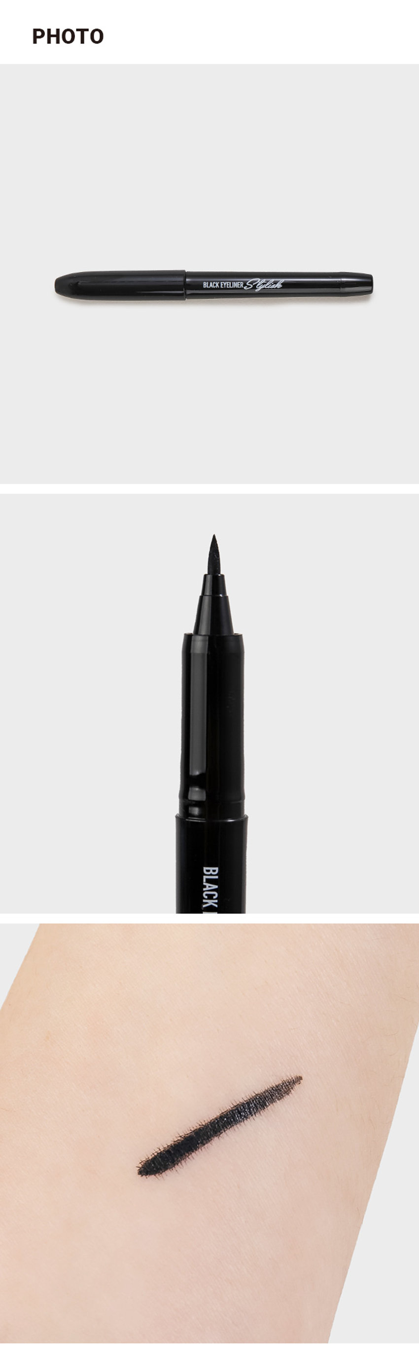 스타일리쉬 붓펜 아이라이너 리퀴드 아이라이너 Eyeliner 블랙 | BLACK 번짐없이 선명하게! BLACK EYELINERSCucialo 워터 프루프 Waterproof 플래스팅 부드러운 칼림성 블랙PHOTO BLACKEYELINER BLACKPRODUCT INFO #번짐 ZERO #또렷한 눈매 스타일리쉬 붓펜 아이라이너 STYLISH BRUSH PEN EYELINER 2 Color/0.6ml 번짐없이 선명하게! BLACKEYELINERStylick 섬세한 표현과 균일한 라인 표현 촉촉한 스펀지 팁으로 부드러운 발림성과 끊김 없이 꼬리까지 선명하게 표현 PICK! 이런분들에게 추천 드려요! 아이라인을 처음 사용하거나 굵기 조절에 서툰 분 선명하고 또렷한 눈매를 연출하고 싶은 분 번짐 없이 깔끔한 눈매가 유지되길 원하는 분 초보자도 쉽고 간편하게 번짐없이 선명한 눈매 연출 스타일리쉬 붓펜 아이라이너 (블랙) 01 고발색 & 빠른건조 / 뭉침 없이 끝까지 깊고 선명하게 빠른 건조로 깔끔하게 눈매 연출 02 이지 드로잉 / 텐션감이 우수한 스펀지 팁으로 갈라짐 없이 초보자도 쉽게 균일한 라인 표현 가능 03 롱래스팅 & 이지 워셔블 / 오랜 시간 번짐 없이 또렷한 라인 유지 클렌징은 미온수로 쉽고 간편하게 COLOR CHECK #BLACK 강렬하고 또렷하게 깊은눈매를 연출 01 BLACK HOW TO USE 블랙 BLACK 1. 사용 전가볍게2~3회 흔든 뒤눈앞머리부터속눈썹 사이 점막을 매워 또렷한 눈매를 연출해 줍니다. 2. 눈 꼬리까지 자연스럽게 라인을 이어 그려줍니다. 3. 더 시원한 눈매를 원한다면 눈꼬리를 더 길게 배 연출해 줍니다. TIP 팁, 브러쉬에 화장품이 묻으면 내용물이 잘 나오지 않으니 사용 후 물티슈로 팁, 브러쉬 부분을 가볍게 닦아주고 사용해 주세요. - 섬세한 라인을 연출하고 싶을 때 볼드한 라인을 연출하고 싶을 때 - 아이라이너를 살짝 세워서 그려주세요. 아이라이너를 살짝 눕혀서 그려주세요. (사용시 주의사항) 1) 화장품 사용 시 또는 사용 후 직사광선에 의하여 사용부위가 붉은 반점, 부어오름 또는 가려움증 등의 이상 증상이나 부작용이 있는 경우 전문의 등과 상담할 것 2) 상처가 있는 부위 등에는 사용을 자제할 것 3) 보관 및 취급시의 주의사항 가) 어린이의 손이 닿지 않는 곳에 보관할 것 나) 직사광선을 피해서 보관할 것 * 눈에 들어갔을 때에는 즉시 씻어낼 것 본상품 정보(상품상세, 상품 설명등)의내용은 협력사가 직접등록한 것입니다. SIZE 약 13 cm 블랙 아이라이너 I 제품의 사이즈는 재는 방법에 따라 약간의 오차가 있을 수 있으며, 제품 색상은 모니터의 설정에 따라 차이가 있을 수 있습니다. 품번: 1018035 품명:스타일리쉬붓펜아이라이너(블랙) 화장품 책임판매업자:(주)오가닉팜코리아 경기도 화성시 시청로 341-14 화장품 제조업자:(주)수한 소비자상담실:080-866-6868 용량:0.6ml 제조번호 및 사용기한 : 별도 표기 MADE IN KOREA 본 상품에 이상이 있을 경우 공정거래위원회 고시 '소비자 분쟁 해결 기준'에 의거 교환 또는 보상 받을 수 있습니다. (전성분) 정제수, 아크릴레이트/에틸헥실아크릴레이트코폴리머, 카본블랙, 부틸렌글라이콜, 펜틸렌글라이콜, 아크릴레이트/다이메틸아미노메틸메타크릴레이트코폴리머, 1,2- 헥산다이올, 베헤네스-30, 페녹시에탄올, 소듐라우레스-12설페이트, C11-15 파레스-7, 카프릴릴글라이콜, 포타슘솔베이트, 다이소듐이디티에이, 아미노메틸 프로판다이올, 잔탄검, 하이드로제네이티드스타치하이드롤리세이트, 에탄올