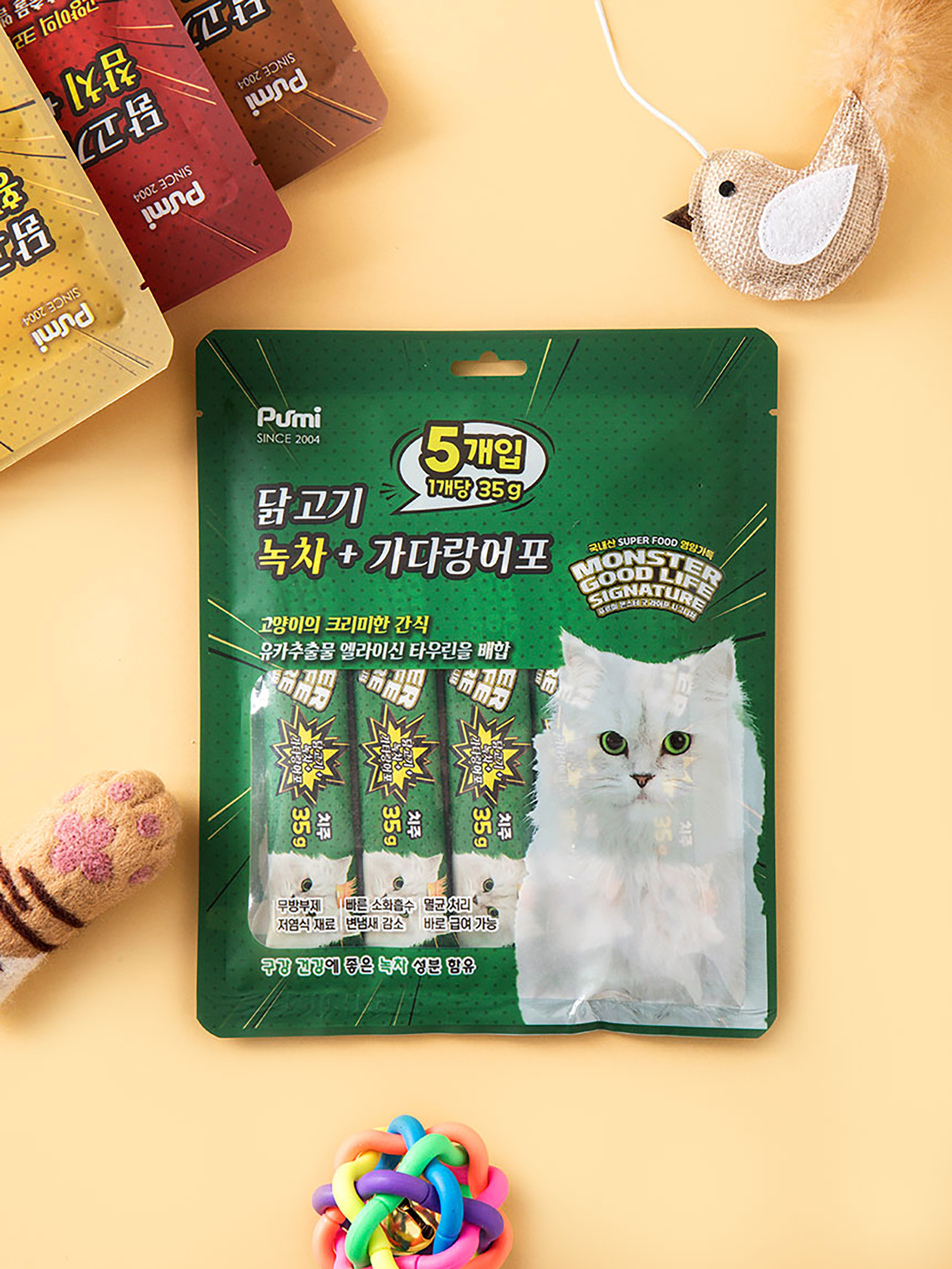 [펫] 몬스터 굿 라이프 고양이 간식 닭＆녹차 35g 5개입 (10g당 114원)