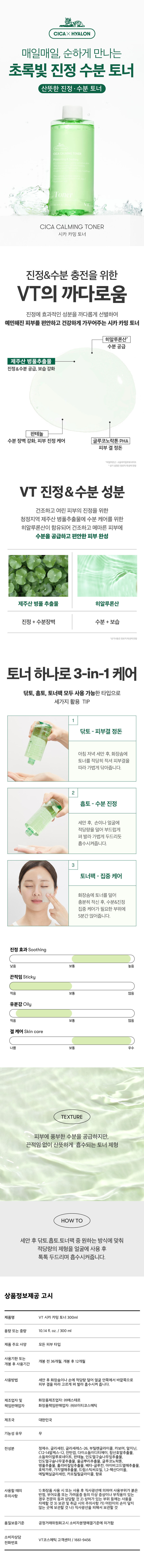 매일매일, 순하게 만나는 초록빛 진정 수분 토너 산뜻한 진정 수분 토너 Toner CICA CAL MING TONER 시카카밍 토너 진정&수분 충전을 위한 VT의 까다로움 진정에 효과적인 성분을 까다롭게 선별하여 예민해진 피부를 편안하고 건강하게 가꾸어주는 시카 카밍 토너 히알루론산* 수분 공급 제주산 병풀추출물 진정&수분 공급,보습강화 판테놀 수분장벽 강화, 피부 진정 케어 글루코노락톤 PHA 피부결 정돈 히알루 소듐하이알루로네이트 *상기설명은원료적특성에한함 VT 진정&수분 성분 건조하고 여린 피부의 진정을 위한 청정지역 제주산 병풀추출물에 수분 케어를 위한 히알루론산이 함유되어 건조하고 메마른 피부에 수분을 공급하고 편안한 피부 완성 제주산 병풀 추출물 히알루론산 진정 + 수분장벽 수분+ 보습 토너하나로 3-in-1 케어 닦토, 흡토, 토너팩 모두 사용 가능한 타입으로 세가지 활용 TIP 닦토 - 피부결 정돈 아침 저녁 세안 후,화장솜에 토너를 적당히 적셔 피부결을 따라가볍게 닦아줍니다. 흡토 - 수분 진정 세안후, 손이나 얼굴에 적당량을 덜어 부드럽게 펴발라 기 볍게 두드리듯 흡수시 켜줍 니다. 토너팩 - 집중 케어 화장솜에 토너를 금 덜어 충분히 적신 후, 수분&진정 집중 케어가필요한 부위에 5분간 얹어줍니 다. 진정 효과 Soothing 보통 높음 끈적임 Sticky 적음 보통 많음 유분감 Oily 적음 보통 많음 결 케어 Skin care 보통 우 TEXTURE 피부에 풍부한 수분을 공급하지만, 끈적임 없이 산뜻하게 흡수되는 토너제형 HOWTO 세안 후 닦토. 흡토. 토너팩 중 원하는 방식에 맞춰 적당량의 제형을 얼굴에 사용 후 톡톡 두드리며 흡수시켜줍니다. 상품정보제공 고시 제품명 VT 시카 카밍 토너 300ml 용량 또는 중량 10.14fl. oz./300ml 저 품 주요사양 모든 피부타입 사용기한 또는 개봉 전36개월, 개봉 후 12개월 개 봉 후 사용기간 사용방법 세안 후 화장솜이나손 에 적당량 덜어 얼굴 안쪽에서 바깥쪽으로 피부 결을 펴 발라 흡수시켜 줍니다. 조업자및 화장품제 |조업자: (주)에스테르 책임판매업자 화장품책임판매업자: (주)브이티 코스메틱 |조국 대한민국 기능성유무 무 전성분 정제수, 글리세린, 글리 세레스-26, 부틸렌글라이콜, 카보머, 알지닌, ⌀10mmx⌀10mm:1mm C12-14알케스-12, 잔탄검,다이소듐이디티에이, 소듐하이알루로네이트, 판테놀,.. 인도멀구술나무꽃추출물, 베타-글루칸, 아이비고드열매추출물, 호박가루, 가지열매추출물, 드럼스틱씨오일, 헥산다이 에틸헥실글리세린, 카프릴릴글라이콜, 향료 사용할 때의 1)만화장품 시 또는사용 후 직 사광선에 의하여 사용부위 가붉은 또 가려움증 ulo 의 이상· 증상이나부작용이 있는 주의사항 것 2)상처가있는부담금이 의손이 닿지 경우 부위 등에는 사용을 취급 시의 주의사항 것나) 직사광 선을 피해서 보관할 것 품질보증기준 공정거래위원회 고시 소비자분쟁해결기 준에 의거함 소비자상담 VT코스메틱 고객센터 / 1661-9456 전화번호