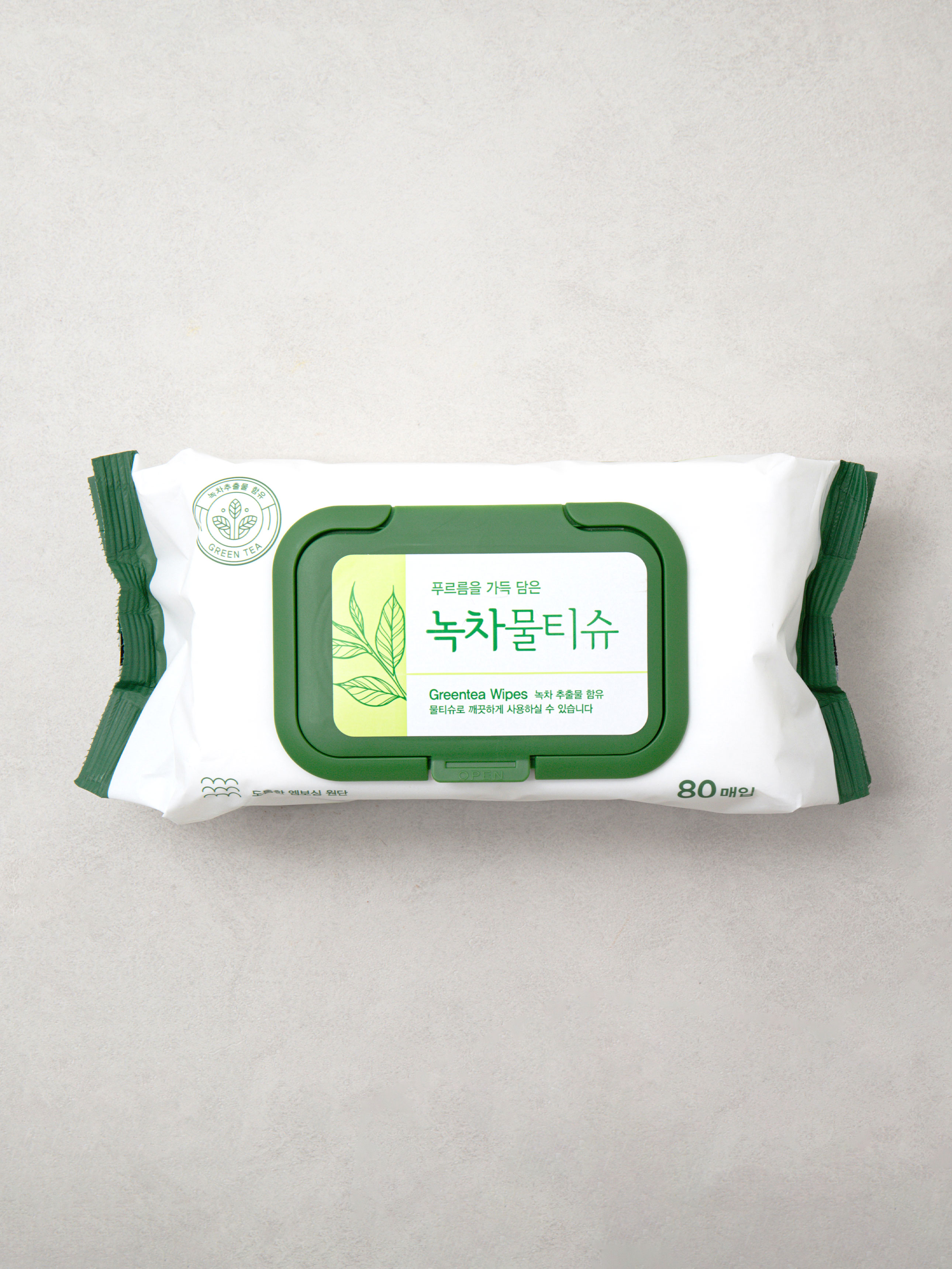 도톰한 녹차 물티슈 엠보싱 캡형 80매 두꺼운 물티슈