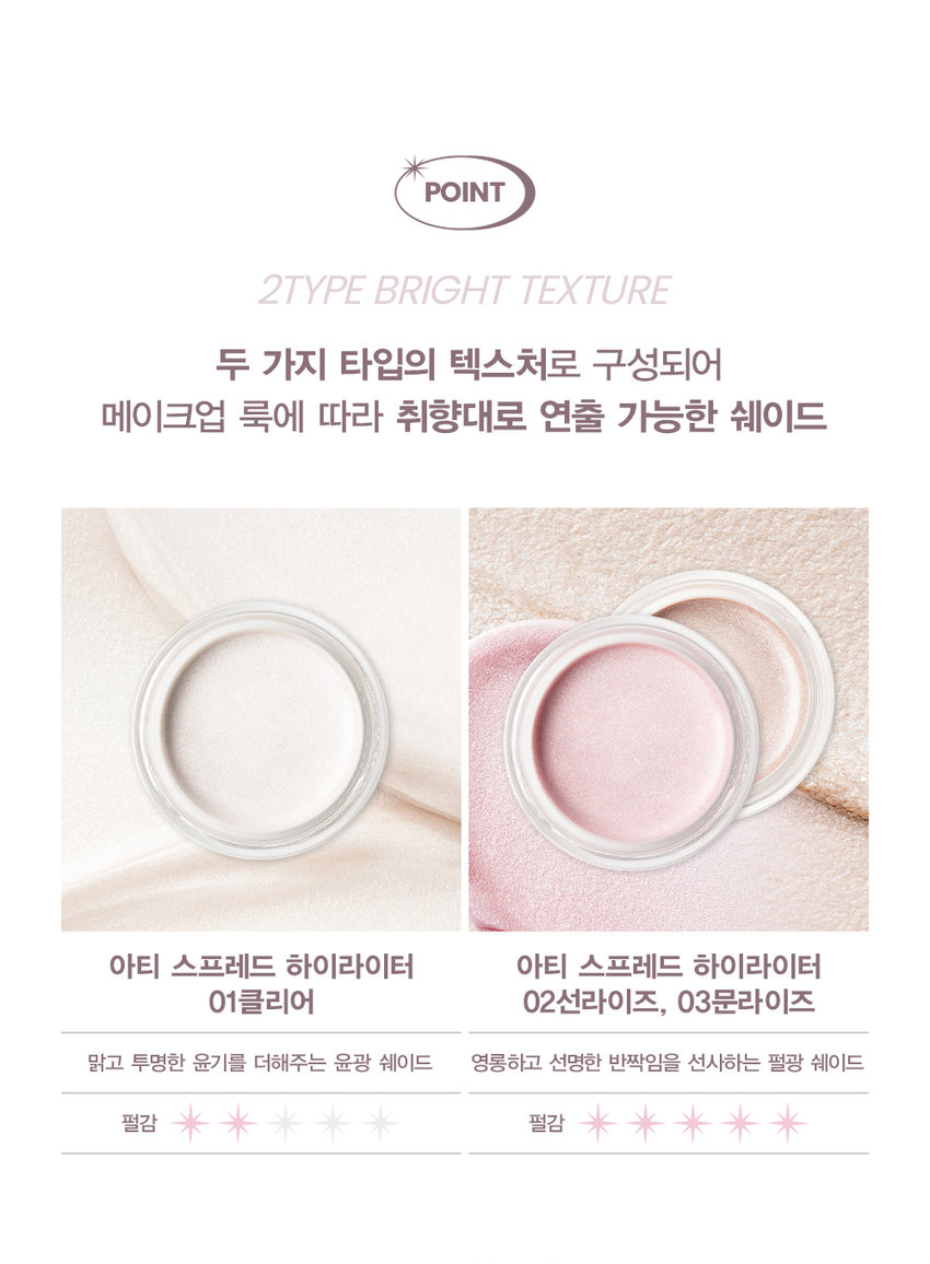 선명한 반짝임을 더해 영롱한 입체감을 선사하는 멀티 하이라이터밤SIMPLY PERFECT 손앤박 아티 라인은 모든 고객이 자신만의 아름다움을 발견하고 표현할 수 있도록 메이크업 아티스트가 감각적인 컬러를 제안하는 비건 색조 브랜드 입니다. 

vegan Ⓡ손앤박 아티스프레드하이라이터밤 
CLEAR | SUNRISE  MOONRISE 

MOISTURE BALM TYPE 텁텁한 파우더가 아닌 부드러운 밤 텍스처로 뭉치거나 부서짐 없이 피부에 밀착 피팅! 촉촉 소프트 멜팅핏○ 손끝으로 톡톡! 진주알처럼 영롱하게 눈부신 플래시광 + HIGHLIGHTER BALM 

#멀티글로우밤 #반짝하이라이터 #플래시광 #영롱광채 #코끝진주완성 

A multi highlighter balm that adds bright sparkle wherever you want, delivering a brilliant three-dimensionalglow. 

03.MOONRISE 

MULTIgLOW HIGHLIGHTER 볼, 눈 앞머리, 코끝, 입술산, 쇄골 등 광채가 필요한 곳, 입체감을 강조하고 싶은 곳에 톡톡 얹어 글로우 UP! 입체감을 주고 싶은 곳 어디든 사용 가능한 멀티 글로우 밤 

COLOR 
#01 #02 #03 
CLEAR SUNRISE MOONRISE 

웜&쿨톤 추천 
CLEAR 
01.클리어 
윤기를 더해주는 맑고 투명한 컬러 
웜톤 추천 
SUNRISE 
02.선라이즈 
영롱한 광채를 더해주는 살구빛 진주 컬러 
쿨톤 추천 
MOONRISE 
03.문라이즈 
화사한 광채를 더해주는 밀키 핑크 컬러 

MULTI-USE ARTI SPREAD BALM 취향대로 톡톡! 자연스럽게 물들이는 멀티 유즈 손앤박 아티 스프레드밤 제형 비교 

아티 스프레드 컬러밤 아티 스프레드 블러밤 
끈적임 없는 멜팅 텍스처로 맑게 보슬 보송한 텍스처로 끼임없이 뭉침없이 밀착되어 투명하고 선명한 수채화광 뽀용 블러리 립앤 치크 연출 

아티 스프레드 스파클밤 아티 스프레드 하이라이터밤 
탱글한 광택에 반짝이는 펄을 더해 눈 앞머리, 코끝 등 밝히고 싶은 부위를 쫀쫀하게 밀착되는 반짝 광택 텁텁함 없이 영롱하게 밝혀주는 입체 광 

HOW TO USE 
FACE 
제품 적당량을 손끝으로 멜팅 후, 코 끝, 볼 등 입체감이 필요한 부위 어디든 톡톡 두드려 부드럽게 펴 발라 줍니다. 

NOTICE 
체온에 부드럽게 녹으며 발리는 제형으로, 고온의 장소에 장시간 노출되지 않도록 유의 부탁드립니다. 

제품의 제형 특성상 표면에 펄 입자의 뭉침으로 물결무늬, 색소띠, 미세한 얼룩 등으로 보이는 무늬가 발견될 수 있으나, 정상 제품으로 안심하고 사용해 주세요. 

SON&PARK 
본 상품 정보(상품 상세,상품 설명등)의 내용은 협력사가 직접 등록한 것 입니다. 

손앤박 아티 스프레드 하이라이터밤 (01클리어) (02선라이즈) (03문라이즈) 

제품명 
/ SON&PARK ARTI SPREAD HIGHLIGHTER BALM (01CLEAR) (02SUN RISE) (03MOON RISE) 

용량 4g 

제품주요사양 모든피부용 

사용기한/개봉 후 사용기간 제조 후 36개월/ 개봉 후 12개월 

기능성화장품 심사필 여부 해당사항 없음 

품질보증기준 본 제품에 이상이 있을 경우 공정거래위원회 고시 '소비자 분쟁 해결 기준'에 의해 보상해 드립니다. 

화장품 제조업자 및 책임판매업자 (주)코코 / (주)에스앤피코스메틱 

제조국 MADE IN KOREA 

사용방법 이마, 광대, 콧대 등 볼륨감이 필요한 부위에 가볍게 터치해 펴 발라줍니다. 

손앤박 아티스프레드하이라이터밤 (01클리어) 
에틸헥실팔미테이트, 트라이에틸헥사노인, 합성플루오르플로고파이트, 메틸메타크릴레이트크로스 폴리머, 다이아이소스테아릴말레이트, 합성비즈왁스, 트라이베헤닌, 마이카, 티타늄디옥사이드, 향료, 리모넨, 리날룰, 폴리글리세릴-2트라이아이소스테아레이트, 헥실신남알 황색산화철, 시트로넬올, 알파-아이소메틸아이오논, 제라니올, 흑색산화철, 적색202호, 시트랄 

손앤박 아티스프레드하이라이터밤 (02선라이즈) 
전성분 트라이에틸헥사노인, 에틸헥실팔미테이트, 합성플루오르플로고파이트, 칼슘알루미늄보로실리케이트, 메틸메타크릴레이트크로스폴리머, 트라이베헤닌, 다이아이소스테아릴말레이트, 합성비즈왁스, 티타늄디옥사이드, 실리카, 적색산화철, 향료, 틴옥사이드, 리모넨, 리날룰, 헥실신남알, 시트로넬올, 알파-아이소메틸아이오논, 제라니올, 시트랄 

손앤박 아티스프레드하이라이터밤 (03문라이즈) 
트라이에틸헥사노인, 에틸헥실팔미테이트, 합성플루오르플로고파이트, 칼슘티타늄보로실리케이트, 메틸메타크릴레이트크로스폴리머, 트라이베헤닌, 다이아이소스테아릴말레이트, 합성비즈왁스, 티타늄디옥사이드, 적색산화철, 향료, 틴옥사이드, 리모넨, 리날룰, 헥실신남알, 시트로넬올, 알파-아이소메틸아이오논, 제라니올, 시트랄 

1. 화장품 사용 시 또는 사용 후 직사광선에 의하여 사용부위가 붉은반점, 부어오름 또는 가려움증 등의 이상 증상이나 부작용이 있는 경우 전문의 등과 상담할 것 

2. 상처가 있는 부위 등에는 사용을 자제할 것 

사용시의 주의사항 

3. 보관 및 취급시의 주의사항 

가. 어린이의 손이 닿지 않는 곳에 보관할 것 

나. 직사광선을 피해서 보관할 것 

소비자상담실 070-4290-6691