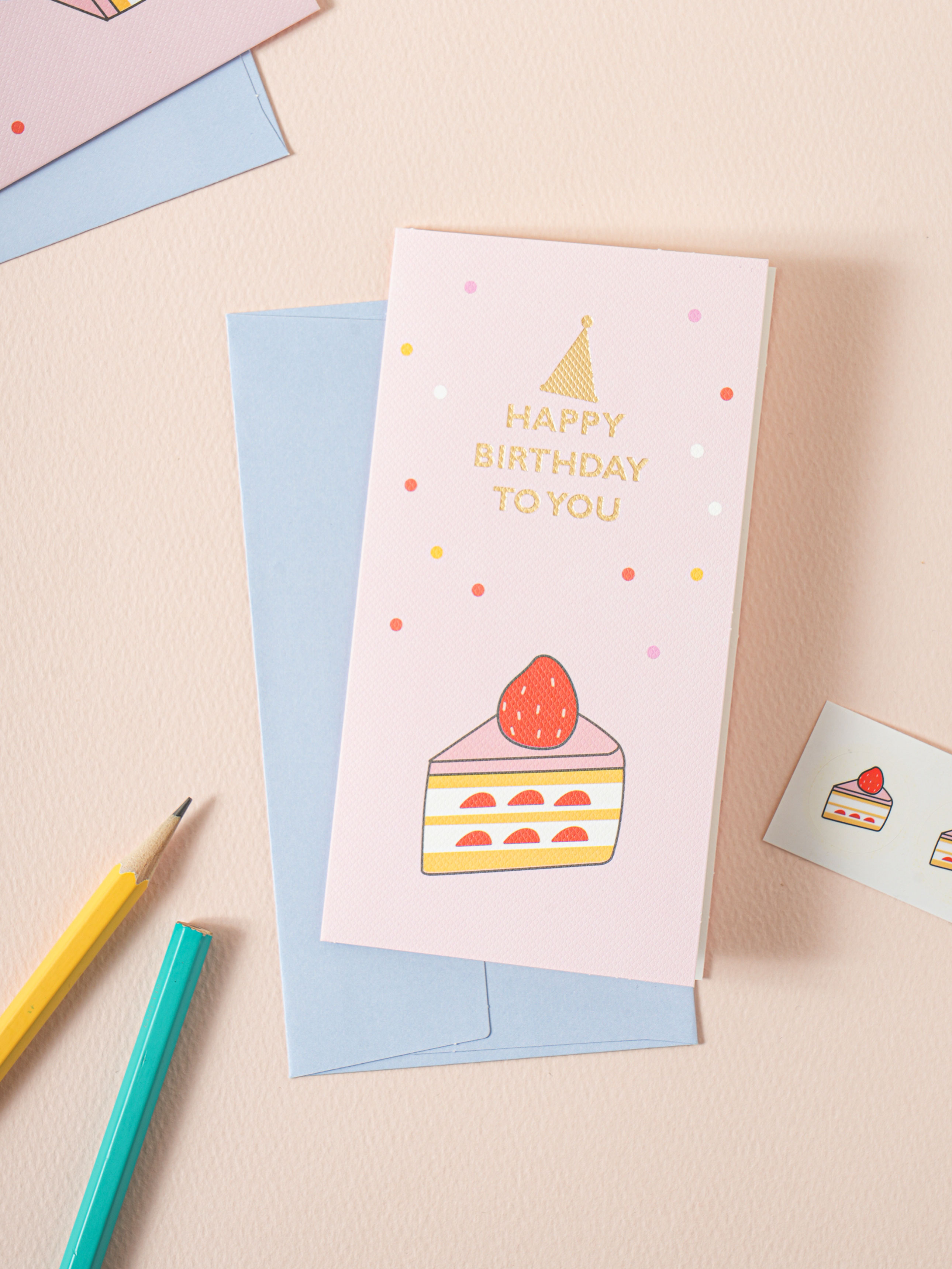생일 축하 금박 카드 2매입 케이크