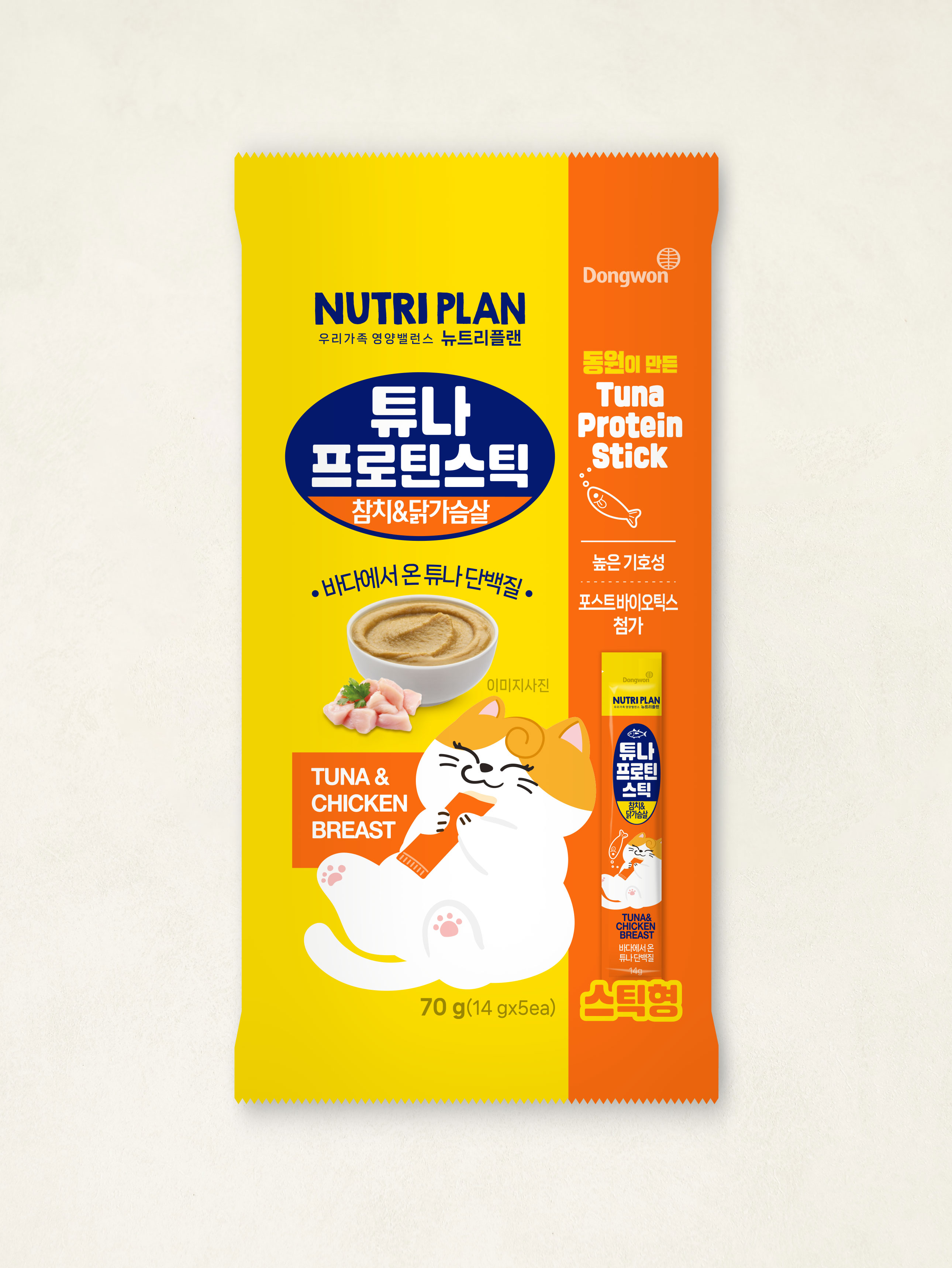 [펫] 동원 뉴트리플랜 튜나프로틴스틱 참치＆닭가슴살 14 g X 5개입