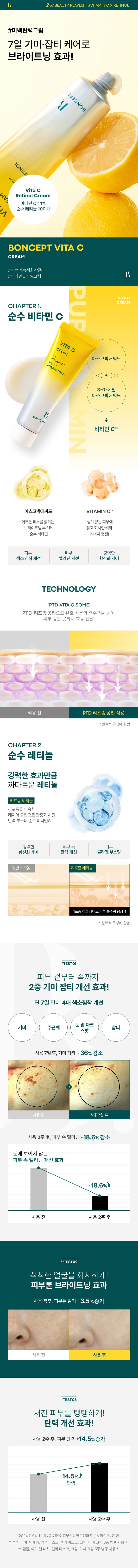 VITA C CREAM B. BONCEPT The second ingredient playlist curated by Boncep VITAMIN C RETINOL B. 2nd beauty playlist #VITAMIN CX RETINOL BONCEPT Boncep, my own ingredient curator with Tony Moly's technology, curates the optimal ingredients to solve skin problems and immerses itself in technological research to maximize efficacy, helping you regain your natural, healthy beauty. VITA C CREAM luc PURERETINOL 2,000 VITA AMPOULE EYE GEL PATCH Calculation method #7 Days of Freckle Reset Fresh Vita C-Crit delivered to your skin! VITA C CREAM VITAMINC 100IU PURE RETINOL BONCEPT FRESH VITA C - SECRET BONCEPT VITA C DOUBLE SHOT AMPOULEMASK V *Improvement of freckles and blemishes in 7 days 36.0% V *Improvement of melanin in the skin - 18.6% V *Improvement of skin elasticity + 14.5% V *Improvement of skin tone brightness + 3.5% 2024.11.04-11.19 / PNK Skin Clinical Research Center (Co.) / Number of test subjects: 21 *When using 6 types of ampoule, eye gel patch, ampoule mask, jelly mask, cream, and eye cream in parallel **When using 5 types of ampoule, eye gel patch, jelly mask, cream, and eye cream in parallel What is your skin concern today? Visible freckles/blemishes Dull, lifeless skin Blotchy skin Rough, flaky skin texture ON AC LEMOSK ITAMINC0 MPOULE EYE GEL PATCH Ingredients for freckle and blemish care Pure Vitamin C x Pure Retinol JRERI VITAMIN C VITA C CREAM BONCEPT VITA C CREAM RETINOL 50ml/1.69.69 fl.oz. #From freckles and blemishes to #skin elasticity BONCEPT PICK! PLAYLIST Skin improvement effects you can see in just 7 days of use! VITA C CREAM Customer Satisfaction CREAM VITAMIN C TM 100% URE RETINOL I feel like my freckles/blemishes have faded 100% My dull skin tone has become clearer and more even 100% My skin complexion has improved 100% My skin has become more elastic 100% *) Positive satisfaction (good or higher) among the questionnaire evaluations of subjects of human application tests Evaluation criteria 2nd beauty PLAYLIST #VITAMIN CX RETINOL #WhiteningElasticityCream Brightening effect with 7-day freckle/blemish care! BONCEPT KETINOL Vita C AM Retinol Cream Vitamin C TM 1% Cream VITA C CHAPTER 1. C CREAM Pure Vitamin C VITA C CREAM Ascorbic Acid TA PURERETINOL 3-0-Ethyl Ascorbic Acid MIN : Vitamin C TM Ascorbic Acid VITAMIN C TM Brightening booster for dull skin that brightens dark skin Recharge with pure vitamin energy for clear and bright skin! Skin Skin Powerful improvement of pigmentation Improvement of melanin Antioxidant care TECHNOLOGY [PTD-VITA C SOME] PTD-liposome method increases the absorption of active ingredients and delivers the effects deep into the skin! PTD liposome method applied before application *Limited to raw material characteristics CHAPTER 2. Pure retinol Retinol liposome as demanding as its powerful effect Elasticity booster stabilized with layering method using retinol liposomes Pure vitamin A Powerful antioxidant care for the skin inside Elasticity improvement Collagen boosting General retinol liposome Retinol liposol capsule state improves skin absorption↑ *Limited to the characteristics of raw materials *TEST01 Double blemish and freckle improvement effect from the outside to the inside of the skin! Improvement of the 4 major pigmentation in just 7 days Dark spots under the eyes Freckles and blemishes After 7 days of use, blemishes and blemishes - 36% reduction After 7 days of use After 2 weeks of use, melanin in the skin -18.6% reduction Invisible melanin improvement effect in the skin (18.6%) Before use After 2 weeks of use TEST02 Brighten up a dull face! Skin tone brightening effect Immediately after use, skin tone brightness +3.5% increase Before use After use *TEST03 Firm up sagging skin! Elasticity improvement effect! After 2 weeks of use, skin elasticity +14.5% increase +14.5%) Elasticity Before use After 2 weeks of use 2024.11 1.04- 11.19/PNK Skin Clinical Research Center (Co., Ltd.)/Test] Number of test subjects: 21 people When using 6 types of ampoule, eye gel patch, ampoule mask, jelly mask, cream, and eye cream in parallel ** When using 5 types of ampoule, eye gel patch, jelly mask, cream, and eye cream in parallel TEST04 Hypoallergenic vitamin C cream that can be used safely every day RETINOL PURE NI 100 VITA C CREAM ITAMIN C TM 儿