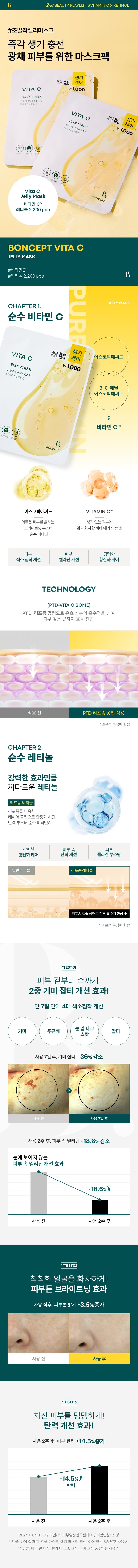 Title: Bonsep Vita C Jelly Mask Description: Bonsep Vita C Jelly Mask is an ultra-adherent jelly mask containing pure vitamin C and pure retinol. This product is a hypoallergenic and safe formula that has completed skin irritation tests, so you can use it with confidence every day. Bonsep Vita C Jelly Mask contains vitamin C in the form of 3-0-ethyl ascorbic acid, which provides powerful pigmentation improvement, melanin improvement, and antioxidant care. Furthermore, the liposome method enhances the absorption of the active ingredients, delivering their benefits deep into the skin. Pure retinol provides powerful antioxidant care, elasticity improvement, and collagen boosting effects. Liposomal retinol is an elasticity booster stabilized using liposomes, improving skin absorption. Bonsep Vita C Jelly Mask reduces blemishes by 36.0%, melanin by 18.6%, elasticity by 14.5%, and skin tone brightness by 3.5% in just 7 days. How to Use: 1. After washing your face, even out your skin texture with toner, then place the mask on your face. 2. After resting for approximately 10 to 20 minutes, remove the mask and gently pat any remaining essence into your skin for absorption. Product Information: - Capacity or Weight of Contents: 23 g (1 sheet) / 0.81 OZ. (1 Sheet) - Ministry of Food and Drug Safety whitening functional cosmetics review required: Yes - Cosmetics manufacturer: Megacos Co., Ltd. - Cosmetics responsible seller: Tony Moly Co., Ltd. - Country of manufacture: Korea - All ingredients: purified water, butylene glycol, niacinamide, glycerin, retinol, ascorbic acid (1,100 ppb), 3-O-ethyl ascorbic acid (1,100 ppb), erythritol, methylpropanediol, hydroxyacetophenone, dimethicone, allantoin, polyglyceryl-10 laurate, propanediol, carbomer, arginine, hydroxyethyl acrylate/sodium acryloyldiethyl taurate copolymer, ethylhexylglycerin, cellulose gum, sodium phytate, panthenol, sorbitan isostearate, mung bean seed extract, coptis root extract, 1,2-Hexanediol, Hydrogenated Lecithin, Caprylic/Capric Triglyceride, Centella Asiatica Extract, Sodium Hyaluronate, Polyglyceryl-10 Myristate, Tocopheryl Acetate, Polyglyceryl-10 Stearate, Arginine/Lysine Polypeptide, Fragrance, Limonene, Hexyl Cinnamal, Linalool Precautions: 1. If you experience any abnormal symptoms or side effects such as red spots, swelling, or itching on the area of use due to direct sunlight when using or after using the cosmetic, consult a specialist. 2. Avoid using on areas with wounds, etc. 3. Precautions for storage and handling: a) Keep out of reach of children. b) Store away from direct sunlight. 4. Avoid using around the eyes. Quality Assurance Standards: Based on the Fair Trade Commission's Consumer Dispute Resolution Standards. Consumer Counseling Center: 080-356-2222.