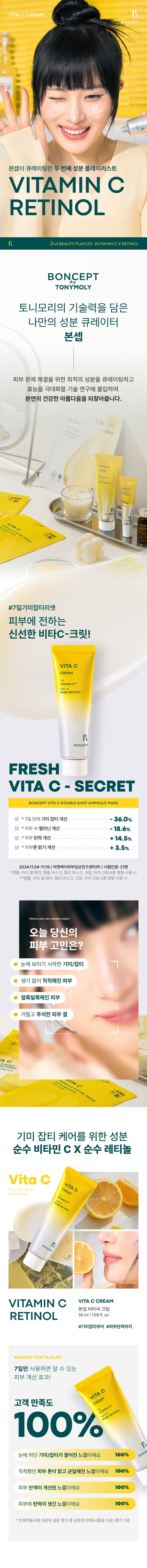 VITA C CREAM B. BONCEPT The second ingredient playlist curated by Boncep VITAMIN C RETINOL B. 2nd beauty playlist #VITAMIN CX RETINOL BONCEPT Boncep, my own ingredient curator with Tony Moly's technology, curates the optimal ingredients to solve skin problems and immerses itself in technological research to maximize efficacy, helping you regain your natural, healthy beauty. VITA C CREAM luc PURERETINOL 2,000 VITA AMPOULE EYE GEL PATCH Calculation method #7 Days of Freckle Reset Fresh Vita C-Crit delivered to your skin! VITA C CREAM VITAMINC 100IU PURE RETINOL BONCEPT FRESH VITA C - SECRET BONCEPT VITA C DOUBLE SHOT AMPOULEMASK V *Improvement of freckles and blemishes in 7 days 36.0% V *Improvement of melanin in the skin - 18.6% V *Improvement of skin elasticity + 14.5% V *Improvement of skin tone brightness + 3.5% 2024.11.04-11.19 / PNK Skin Clinical Research Center (Co.) / Number of test subjects: 21 *When using 6 types of ampoule, eye gel patch, ampoule mask, jelly mask, cream, and eye cream in parallel **When using 5 types of ampoule, eye gel patch, jelly mask, cream, and eye cream in parallel What is your skin concern today? Visible freckles/blemishes Dull, lifeless skin Blotchy skin Rough, flaky skin texture ON AC LEMOSK ITAMINC0 MPOULE EYE GEL PATCH Ingredients for freckle and blemish care Pure Vitamin C x Pure Retinol JRERI VITAMIN C VITA C CREAM BONCEPT VITA C CREAM RETINOL 50ml/1.69.69 fl.oz. #From freckles and blemishes to #skin elasticity BONCEPT PICK! PLAYLIST Skin improvement effects you can see in just 7 days of use! VITA C CREAM Customer Satisfaction CREAM VITAMIN C TM 100% URE RETINOL I feel like my freckles/blemishes have faded 100% My dull skin tone has become clearer and more even 100% My skin complexion has improved 100% My skin has become more elastic 100% *) Positive satisfaction (good or higher) among the questionnaire evaluations of subjects of human application tests Evaluation criteria 2nd beauty PLAYLIST #VITAMIN CX RETINOL #WhiteningElasticityCream Brightening effect with 7-day freckle/blemish care! BONCEPT KETINOL Vita C AM Retinol Cream Vitamin C TM 1% Cream VITA C CHAPTER 1. C CREAM Pure Vitamin C VITA C CREAM Ascorbic Acid TA PURERETINOL 3-0-Ethyl Ascorbic Acid MIN : Vitamin C TM Ascorbic Acid VITAMIN C TM Brightening booster for dull skin that brightens dark skin Recharge with pure vitamin energy for clear and bright skin! Skin Skin Powerful improvement of pigmentation Improvement of melanin Antioxidant care TECHNOLOGY [PTD-VITA C SOME] PTD-liposome method increases the absorption of active ingredients and delivers the effects deep into the skin! PTD liposome method applied before application *Limited to raw material characteristics CHAPTER 2. Pure retinol Retinol liposome as demanding as its powerful effect Elasticity booster stabilized with layering method using retinol liposomes Pure vitamin A Powerful antioxidant care for the skin inside Elasticity improvement Collagen boosting General retinol liposome Retinol liposol capsule state improves skin absorption↑ *Limited to the characteristics of raw materials *TEST01 Double blemish and freckle improvement effect from the outside to the inside of the skin! Improvement of the 4 major pigmentation in just 7 days Dark spots under the eyes Freckles and blemishes After 7 days of use, blemishes and blemishes - 36% reduction After 7 days of use After 2 weeks of use, melanin in the skin -18.6% reduction Invisible melanin improvement effect in the skin (18.6%) Before use After 2 weeks of use TEST02 Brighten up a dull face! Skin tone brightening effect Immediately after use, skin tone brightness +3.5% increase Before use After use *TEST03 Firm up sagging skin! Elasticity improvement effect! After 2 weeks of use, skin elasticity +14.5% increase +14.5%) Elasticity Before use After 2 weeks of use 2024.11 1.04- 11.19/PNK Skin Clinical Research Center (Co., Ltd.)/Test] Number of test subjects: 21 people When using 6 types of ampoule, eye gel patch, ampoule mask, jelly mask, cream, and eye cream in parallel ** When using 5 types of ampoule, eye gel patch, jelly mask, cream, and eye cream in parallel TEST04 Hypoallergenic vitamin C cream that can be used safely every day RETINOL PURE NI 100 VITA C CREAM ITAMIN C TM 儿