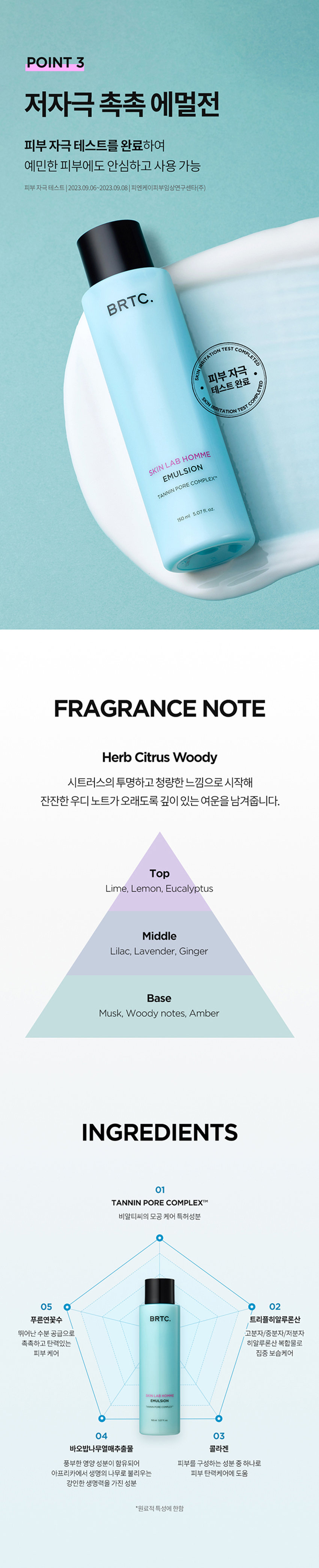 남자를 위한 쫀쫀촉촉 에멀전 SKIN LAB HOM MESERIESEMULSION #힘없는 #남자피부 #탄탄에멀전 주름개선기능성화장품 POINT1 목공케어 어 보습 탄탄 피부 남자피부3대고민 옴므시리즈로 확실하게 BITCKLAB POINT1 모공케어 특허성분 TANNIN PORE COMPLEXTM 모든 가능성 성분이 함유되어 비알티씨의 남자의 모공 고민을 덜어주고 매끈하고 깨끗한 피부 케어 av 모금수련과 피자 헤어를 해주는 C의 특허성분입니다 · 김동태 특허등록제0955389호 탄닌포어콤플렉스의 피지조절효과 '상기 내용은 원료적 특성에 한함 POINT2 3중보습 촉촉 에멀전 남자 피부 건조함과 답답함에서 해방 트리플 히알루론산이 함유된 모이스처 에멀전 제형이 메마른 피부에 답답함 없이 촉촉하게 수분 공급 BRTC. 소듐하이알루로네이트 겉보습 케어 소듐아세틸레이티드하이알루로네이트 중분자 히알루론산 수분 지속력케어 하이드롤라이즈드하이알루로닉애씨드 저분자 히알루론산 깊은 보습 고분자, 중분자, 저분자 트리플 히알루론산이 함유되어 피부 결을 매끈하게 정돈하고 사이사이 수분 에너지 충전 POINT 3 저자극촉촉 에멀전 피부 자극테스트를 완료하여 예민 한 피부에도 안심하고 사용 가능 BRTC. 페부트 완료 FRAGRANCE NOTE Herb Citrus Woody 시트러스의 투명하고 청량한 느낌으로 시작해 잔잔한 우디 노트가 오래도록 깊이 성장인活ス停止 Midd Lila , Lavender,ginger Base notes.Amber Woody INGREDIENTS 푸른연꽃수 히알루론산 히알부분산복합물로 무열매추출물 아프리카에서 생명의 나무로 불리는 피부를 구성하는 성분으로 풍부한 영양 TEXTURE 쫀쫀촉촉모이스처에멀전 에멀전 제형이 극 일반적인 정보 관심 등 장관 ね備えた高架空間電力高荷自容器を HOW TO USE 트너 사용 후 본품: 적당량을 하여 얼굴 전체에 부드럽게 펴바른 뒤 가볍게 두드리며 흡수시켜줍니다 남자모공집중공략시리즈 SKIN LAB HOMME STEP1 STEP2 STEP3 STEP4 스킨랩음폼 스킨랩올전 스킨랩올림 스타일窓口 태파이2를 운러 본상품정보, 상품성시, 상품설명등)의 내용은 협회사가 직접 문의, 확인원 것입니다. PRODUCT INFORMATION 비알티씨스킨랩옴므시리즈에멀전 화장품 제조업자 한국콜마(주) 제조일로부터36개월 화장품유무 상품상세참조 리어린이의 손이 닿지 않는 곳에 보관할 것