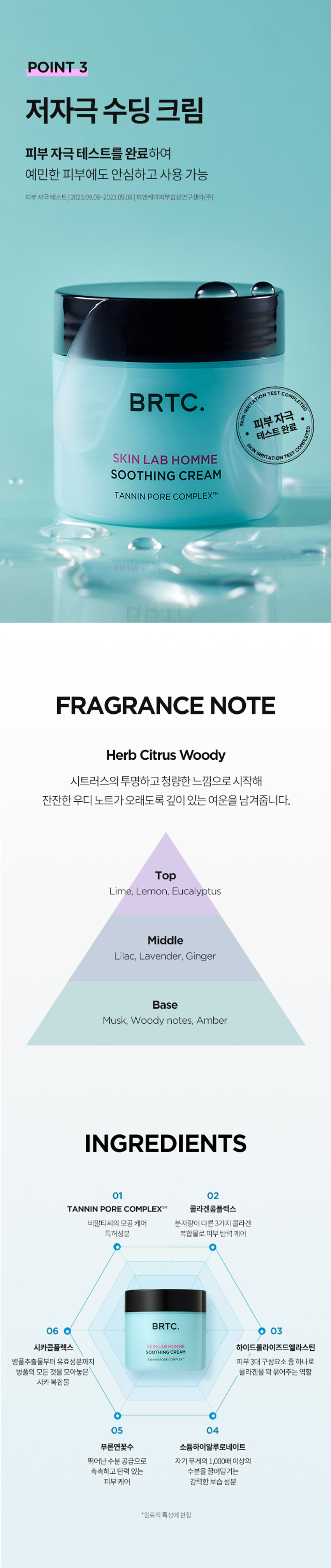 남자를 위한 집중탄력 탱글크림_AB HOM ME SERIES SOOTHING CREAM 남자피부 주름개선기능성화장품 BRTC. SKINLAB HOMME POINT1 POINT 2 POINT 3 목허성분 트라이앵글 집중 탄력 남자피부3대고민 옴므 시리즈로 확실하게 고민 연구소 BRTC. SKIN LAB POINT 1 모공케어 특허성분 TANNIN PORE COMPLEXTM 모공케어 특허성분이 함유되어 HISEMIC 남자의 모공고민을 덜어주고 매끈하고 깨끗한 피부케어 모공 수렴과 피지 케어를 해주어 못한 피부로 케어해주는 TC의 특허성분입니다 = 특허등록제0955389호 김종태 탄닌포어콤플렉스의 모공수렴효과 *상기내용은 원료적 특성에 한함 POINT 2 트라이앵글 집중탄력케어 콜라겐X히알루론산X엘라스틴 피부 탄력3요소를 함유한 탱글탱글수딩크림이 힘없는 피부에 트라이앵글 집중 탄력 시너지 BRTC. SOOTHINGCREAM 탄력 부분 기 컬 콜라겐 피부를 지탱하는 엘라스틴 히알루론산 콜라겐기둥을 피부분 공간 연결 콜라겐,엘라스틴,히알루론산을 크림한통에 모두 담아 빈틈없는탄력케어완성 POINT 3 저자극수딩크림 피부자극테스트를 완료하여 예민한 피부 해도한 생각 고 사용 가능 BRTC. 피부자금 SOOTHANGHEAM FRAGRANCE NOTE HerbCitrusWoody 시트러스의투명하고청량한느낌으로시작해 잔잔한우디 노트가구래도움20 용인생각합니다.