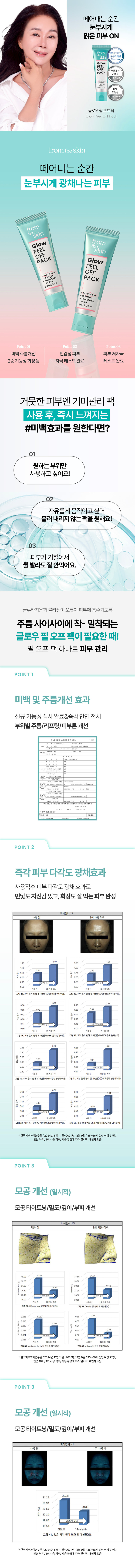 떼어내는 순간 눈부시게 맑은 피부 ON PEFCE On 글로우필오프팩 OW el Off Pack from the skin 떼어나는 순간 눈부시게 광채나는 피부 fromglow 명품 PACKglow PEEL +바일오프팩 PACKglutathione |백 주름개선 민감성피부 피부 저자극 2중 기능성 화장품 자극 테스트 완료 완료 속~상한 피부엔 기미관리 팩 사용 후, 즉시 느껴지는 #미백효과를 원한다면? 원하는 부위만 사용하 고 싶어요! 0 유르게 움직이고 고 싶어 흘러내리지않는팩을 원해요! 피부가 거칠어 서 뭘 발라도 잘 안먹어요. 글루타치온과 콜라겐이 오롯이 II 부에 흡수되도록 주름 사이사이에 착- 밀착되는 글로우 필 오프 팩이 필요한 때! Check 필 오프 팩 하니 로 피부 관리끝 Point 1 미백및주름개선효과 신규 기능성 완료&즉각 안면 체 부우 별주름/리프팅/피부톤 개선 Point 2 즉각 피부 다각도 광채효과 사용직후 까 다각도 광차 효과로민 도 자신감 있 고,화장도잘먹는피부완성 Point 3 모공 개선 (일시적) 공 타이트 트닝/밀도/깊이/부피 개선 Point 기미 색소침착 완화 눈에 보이지 않는&이미 생긴 기미/잡티 /색소침착까지 완화 POINT Check Point 신규 기능성 심사 완료&즉각 안면 전체 부위별 주름/ 리프팅/피부톤 개선 사용직후 피부 다각도 광채 효과로 민낯도 자신감 있고, II 부 완성 모공 타이트닝/밀도/깊이/부피 개선 (일시적) 눈에 보이지 않는&이미 생긴 기미/잡티/색소침착까지 완화glow Peel Off Pack 글로우 필오프 팩 이런 분들게 추천합니다 즉각적으로 피부에 광채효과를 부여하고 싶은 분 증 각적으로 안면 전체 혹은 고 부위의 피부 톤을 환하게 개선하 고 싶은 모공에 타이트닝 효과를 부여하 고 싶은 분 (일시적) 기미 및 색소침착을 완화하고 싶은 분 Ingredients 피부를 케어해줄 프롬더스킨만의 특별 성분glutathione Collagen. Extract 글루타치온 콜라겐 추출물 Elastin Lactobacillus 하이 드롤라이즈드 락토바실러스 엘라스틴 발효용해 물 Basilgel Water Florant-FG 콜라겐바질추출물+ 효모발효여과 물 글루쿠로닉애씨드 +인삼전초추출물 추출 브라이트닝 특허-1364 Leontopodium Alpinum 어 델바이스 캘러스배양추출물 Peel Off Pack 떼어니 내는 순간 눈부시게맑은피부ON (
How To Use Step1 세안 후 화장 수를 이용하 여 피부결을 정돈해 줍 니다. Step 튜브를 눌러 내용물을 짜내고 눈썹, 눈, 입을 제외한 얼굴에 펴 발라 줍니다. Step 3 약 30분 후 내용물이 투명하게 변하면 얼굴 가장자리부터 막을 떼어냅니다. Step 4 내용물을 가볍게 두드려 흡수시켜 줍니다. Texture 경험하는 즉각적인 변화glow PEEL PACK +Hyaliagen 빈틈 없이 완벽하게 밀착되는 크림형태 유효성분이 피부 속까지 전달Glow Peel Off Pack Clinically Tested 32가지 인체적용시험으로 입증된 확실한 개선 효과 피부윤기 변화 및 개선율 77.26% (1회사 용 직후, 일시적) 사용 전 사용 후 즉각 피부 다각도 광채효과 왼쪽 이마 73.01% 오른쪽 이마 77.26% 왼쪽눈가 45.38% 오른쪽 눈가 40.63% 왼쪽 볼광대 31.74% 오른쪽 볼광대 34.63% 왼쪽 입가 39% 오른쪽 입가 34.68% 즉각 피부온도감소 쿨링효과 23.02% (1회 사용 직 후, 일시적) 사용 전 사용 후 즉각 안면 전체 부위별 주름 개선 (1회 사용 직후, 일시적) 사용 전 사용 후 이마 15.33% 미간 42.5% 눈가 17.21% 팔자 38. .36% 입가 12.56% 목 13.6% 즉각 안면 전체 부위별 피부톤 개선 (1회 사용 직후, 일시 적) 사용 전 사용 후 1.22% 이마 1.11% 눈가 1.18% 4종 모공 개선 (1회 사용 직후, 일시적) 타이트닝(조임) 34.15% 밀도 23.26% 깊이 11.95% 부피 36.03% 23) 눈에 보이지 않는 기미 3.22% 및 색소침착 완화 *한국피부과학연: 1원/2024년 11월 11일, ~2024년 년 12월 9일/35· 66세 성인 여성 21명/ 이마부위 /1 회 사 용직후/사용 환경에 따라 ' 일시적, 개 인치 있음 슬로우 에이징 글루티 치온 콜라 겐 집중 케어 프롬더스킨 글로우 라인glutathione Collagen SKIN CARE CLEANSING F⌀am Peel-offPack AmpouleMist CLEANSING sulTAGen OPEAR CAMPOUL ⌀ 글로우딥클렌징폼 글로우 필오프팩 글로우앰플미스트 #모 공딥클린폼 #물광화잘떡 #수분 즉시공급 #올인원클렌징 #탱탱리프팅팩 #더블레이어 미스트glutathione Col lagen SUN CARE Sun Balm SunGelPatch SunCream MIRABLEM 一 ⌀ 글로우 미라클 선밤 아웃도어선젤패치 글로우 선크림 #기미케어3중기능성 #한겹철벽: 젤패치 #매끈 철벽차단 #보송꿀광선밤 #바르는투명선패치 #촉촉보송선 크림 from the skin 부과학으. 전하는 즉각 효과, 슬로우에이징의 시작, 프롬더스킨. PROFICAgLEANSING 써 CONCATION + AMPOULE off IIIII ���� ⌀
본상품 정보(상품 상세, 상품 설명 등)의 내용은 협력사가 직접 등록한 것입니 다. 상품정보 제공 고시 용량 또는 중량 20g 제품 주요 사양 모든 피부 사용기한 또는 제조일로부터 36개월 개봉 후 사용 기간 1일1회본품적당량을 취해 골고루 며 바른 다음 약 30분 후 투명한 막이 생기면 막을 떼어내고 남은 내용물을 가볍게 두드려 사용방법 흡수시켜 줍 니다. 제조업자 및 (주)씨앤피 코리아 책임(제조)판매 H업자 제조국 대한민국 정제 수, 부틸렌 글라이콜, 폴리비닐 알코올, 다이프로필렌글라이콜, 나이아신아마이 드, 에틸헥실팔미테이 트, 페닐트라이메 티콘, 하이드로제네이티 드폴리(C6-14올레핀), 1,2-헥산다이 올, 글리세린, 화장품법에 따라 카프릴릭/카프릭 트라이 글리 세라이 ui 폴리솔베이 트60, 콜라겐 추출물, 기재·표시하여야 하는 하이. 드록시에틸우레아, 솔비탄세스퀴올리에이트 하이. 드록시프로 필스타치포스페이 트 하이드록시아세토페논, 아크릴레이트/ C10 30알킬이 크릴레이트크로스폴리머, 알지닌, 향료, 글루티 티온, 아데 노 신, 카프릴릴글라이콜, 다이 소듐이디티에이, 하이 드롤라이즈드 엘라스틴, 락토바실러스발효용해 물, 에델바이스캘러 스배양추출물, 바질추출물, 인삼전초추출물, 효모발효여과물, 에틸헥 실글리 세린, 글루쿠로닉애씨 식품의 약품안전처 심사필유무(기능성화장품) 화장품에 따른 기능성화장품 심사(또는 보고)를 필함 용법/용량 용법용량: 1일 1회 본 품 적당량 을 취해 골고루 펴바 른 다음 약 30분 후 투명한 막이 생기 면 막을 떼어내고 남은 내용물을 가볍게 두드려흡수시켜 줍니 다 효능효과: 피부의 미백에 도움을 준다. 피부의주름개선에 도움을 순 효능성분:� 이아 신아마이드, 아데노신 1) 화장품 사용 시 또는 사용 후 직사광선에의하여사용부위가붉은 반점, 부어오름 또는 가려움증 등의 이상 · 증상이나 + 부작용이 있는 경우에는 전문의 등과 상담할 것.㉘ 2) 상처가 있는 부위 등에는 사용을 자제할 것. 3) 보관및취급 시주의사항. 가) 어린 이의 손이 닿지 않는 곳에 보관할 것 나) 직사광선을 피해서 보관할 것. 주위를 피 하여 사용할 것. 4)눈 품질보증기준 공정 거래위원회고시 소비자분쟁해결 기준에 의거함 소비자상담 관련 전화번호 070-8830-9374