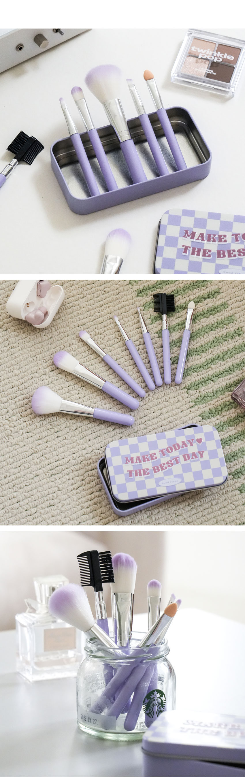 틴케이스 미니 브러시 세트
메이크업 브러시 세트 7종 파우더 - 파운데이션|아이섀도우
사선 아이섀도우 I 팁|브로우콤브|립COLOR
제품의 사이즈는 재는 방법에 따라 약간의 오차가 있을 수 있으며,
제품 색상은 모니터의 설정에 따라 차이가 있을 수 있습니다.
품번:1003655
품명:틴케이스미니브러시세트(7P)
품질표시
재질:케이스 브러시:PS 알루미늄. 나일론. 스펀지 PP
제조국:중국 수입원:(주)한일맨파워 서울시 강남구
논현로 26길 18-4 판매원:(주)다이소아성산업 서울시
강남구 도곡로 176 소비자상담실:판매원과 동일 전화:1522-4400
반품 및 교환장소:구입처 및 본사