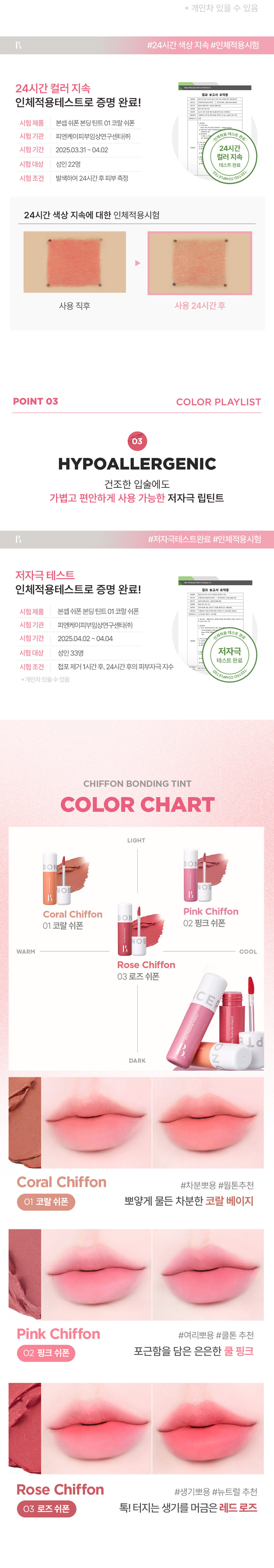 CHIFFON BONDING TINT 3 COLORS 3.5g 입술부터 치크까지 24시간 가볍게 착붙! 톤별 착붙! 완벽 립 페어링 BONCEPT by TONYMOLY 본셉 쉬폰 본딩 틴트 |◀ II 3.5g 3 Colors の #보송블러리 피 Bupung Chino O #24H컬러본딩 #딱붙틴트 #립앤치크 ○ Chiffon Bonding Tint BON Chiffon Bonding Tint B. COLOR PLAYLIST 24시간 쉬폰처럼 가볍고 보송하게 밀착되는 쉬폰 본딩 틴트BONCEPT by TONYMOLY 보송 블러리 딱붙틴트 24H 컬러본딩 립앤치크 Tint Bonding Chiffon Chiffon Bonding Tint ◀ II ▶| COLOR PLAYLIST POINT 01 POINT 02 CHIFFON TEXTURE LONG LASTING 쉬폰처럼 가볍고 입술에 편안하게 강력 본딩! 부드럽게 밀착되는 24시간 밀착되는 한 겹 레이어링 롱래스팅 벨벳 틴트 POINT 03 POINT 04 HYPOALLERGENIC INGREDIENT 건조한 입술에도 식물성 & 플라워 가볍고 편안하게 사용 가능한 추출물로 입술에 영양 부여 저자극 립틴트 *원료적 특성에 한함POINT 01 COLOR PLAYLIST 01 CHIFFON TEXTURE 24시간 쉬폰처럼 가볍고, 보송하게 밀착되는 한 겹 레이어링 텍스처01 02 03 코랄쉬폰 핑크쉬폰 로즈쉬폰POINT 02 COLOR PLAYLIST 02 LONG LASTING 입술에 편안하게 강력 본딩! 24시간 밀착되는 롱래스팅 벨벳 틴트 사용 직후 장시간 후 문질러도 컬러가 밀착되어 밀리지 않는 강력 본딩개인차 있을 수 있음 B. #24시간 색상 지속 #인체적용시험 24시간 컬러 지속 결과 보고서 요약은 인체적용테스트로 증명 완료! 시험 제품 본셉 쉬폰 본딩 틴트 01 코랄쉬폰 인체적용 테스트 완료 시험 기관 피엔케이피부임상연구센타(주) 시험 기간 2025.03.31 ~04.02 24시간 컬러 지속 시험 대상 성인 22명 테스트완료 시험 조건 발색하여 24시간 후피부 측정 81dW00 03 24시간 색상 지속에 대한 인체적용시험 사용 직후 사용 24시간후 POINT 03 COLOR PLAYLIST 03 HYPOALLERGENIC 건조한 입술에도 가볍고 편안하게 사용 가능한 저자극 립틴트 B. #저자극테스트완료 #인체적용시험 저자극테스트 인체적용테스트로 증명 완료! 결과 보고서 요약문 시험 제품 본셉쉬폰 본딩 틴트 01 코랄 쉬폰 - 시험 기관 피엔케이피부임상연구센타(주) 시험 기간 2025.04.02 ~04.04 인체적용 테스트 완료 시험 대상 성인 33명 저자극 테스트 완료 시험 조건 첩포 제거 1시간후, 24시간 후의 피부자극지수 COMPLETED 191531 *개인차 있을 수 있음 CHIFFON BONDING TINT COLOR CHART LIGHT BO BO Pink Chiffon Coral Chiffon BO 01 코랄 쉬폰 02 핑크쉬폰 BO B WARM COOL Rose Chiffon 03 로즈 쉬폰 E L d DARK Coral Chiffon #차분뽀용 #웜톤추천 01 코랄 쉬폰 뽀얗게 물든 차분한 코랄 베이지 Pink Chiffon #여리뽀용 #쿨톤 추천 02 핑크 쉬폰 포근함을 담은 은은한 쿨핑크 Rose Chiffon #생기뽀용 #뉴트럴 추천 03 로즈쉬폰 톡! 터지는 생기를 머금은 레드로즈CHIFFON BONDING TINT LAYERING TIP WARM 웜톤 찰떡 생기 톡톡코랄 립 BASE Coral Chiffon 01 코랄 쉬폰 POINT Rose Chiffon 03 로즈쉬폰 COOL 쿨톤 찰떡 포근핑크립 BASE Pink Chiffon 02 핑크쉬폰 POINT Rose Chiffon 03 로즈쉬폰 INGREDIENT 식물성 & 플라워 추출물로 입술에 영양 부여 MOISTURIZING I HYDRAT ING & NOURISHING |◀ ▶| INGREDIENT PLAYLIST 히비스커스꽃 다마스크 장미꽃 동백나무꽃 Hydrating & Nourishing Hydrating & Nourishing Hydrating & Nourishing CE d 시어버터 카카오씨버터 Moisturizing Moisturizing * 상기 내용은 원료적 특성에 한함 LIP MAKE UP LOOK LOOK BOOK Lip Item BON OVER LIP 워터 베일 틴트 03 로즈워터 FULL LIP MAKE UP BONCEPT4 TONYMOL 글레이즈 딥핑 틴트 03 로즈딥핑 Eyeliner 쉬폰본딩 틴트 02 핑크쉬폰 젤 아이라이너 03 펄브라운 Cheek CHIFFON TINT BONDING ONCEPTCHIFFON BONDING TINT HOW TO USE 그라데이션 풀립 01 은은한입술 연출 입술 안쪽부터 바깥쪽까지 채우듯 자연스럽게 펴 발라줍니다. 02 선명한 입술 연출 입술 안쪽부터 바깥쪽까지 2~3번 레이어링하여 발라줍니다. Chiffon Bonding Tint |◀ ▶| NOTICE 01 디스플레이 해상도와 밝기에 따라 실제 제품의 색상과 다르게 보일 수 있습니다. 02 사용 후에는 뚜껑을 꼭 닫아서 보관해주세요. MAKE UP TIP 치크로 활용하여 완성하는 톤온톤 메이크업 블러리 벨벳 메이크업 8 BO BONCEPT 토니모리의 기술력을 담은 나만의 컬러 큐레이터 본셉 PTEBO CEP B. d B. BONCEPThey TONYMOLY LIP GUIDE SUPER FIXING TINT WATER VEIL TINT LIP TATTOO STICKER 수퍼 픽싱 틴트 워터 베일 틴트 립타투 스티커 B. B #강력착색 #수분톡톡 #원데이립타투 #겉속동일 #비비드컬러 #촉촉생기 #수채화컬러 #워터프루프 #속발색컬러 지속력 지속력 지속력 수분감 수분감 매트함 착색력 착색력 착색력 GLAZE DIPPING TINT CHIFFON BONDING TINT MOIST LIP GLOSS 글레이즈 딥핑 틴트 쉬폰 본딩 틴트 모이스트 립 글로스 BO BO BO BON BON BO instersion B B B. B B B. #글레이즈코팅 #보송블러리 #수분코팅 #롱래스팅광 #과즙컬러 #입술본딩 #무드업컬러 #영롱광택 #고보습케어 지속력 지속력 수분감 광택감 매트함 보습감 착색력 착색력 광택감본 상품 정보(상품 상세, 상품 설명 등)의 내용은 협력사가 직접 제작/작성한 것입니다. 상품 정보 제공 고시 제품명 본셉 쉬폰 본딩 틴트 01 코랄 쉬폰 / 02 핑크 쉬폰 / 03 로즈 쉬폰 내용물의 용량 또는 중량 3.5g 제품 주요사양 모든 피부 타입 제조번호 및 사용기간 개봉 전 36개월 / 개봉 후 6개월 사용방법 적당량의 내용물을 취하여 입술에 매끄럽게 펴 발라줍니다. 자연스러운 발색을 원할시 입술 안쪽에만 소량 펴 발라 그라데이션 립을 연출해줍니다. 식품의약품안전처 기능성 제품 아님. 심사 무 심사필유무(기능성화장품) 화장품제조업자 (주)코코 화장품책임판매업자 (주)토니모리 제조국 한국 전성분 01 코랄 쉬폰 다이메티콘, 다이메티콘크로스폴리머, 다이메티콘/비닐다이메티콘 크로스폴리머, 폴리글리세릴-2트라이아이소스테아레이트, 사이클로펜타실록세인, 합성플루오르플로고파이트, 티타늄디옥사이드, 트라이베헤닌, 솔비탄아이소스테아레이트, 비스-베헤닐/아이소스테아릴 (피토스테렐다이머다이리놀라일다이어디이리놀리에이트, 황색산화철, 황색5호, 폴리하이드록시스테아릭애씨드, 레시틴, 적색202호, 적색산화철, 에틸헥실팔미테이트, 다이아이소스테아릴말레이트, 아이소스테아릭애씨드, 흑색산화철, 아이소프로필미리스테이트, 향료, 알루미늄하이드록사이드, 폴리글리세릴-3폴리리시놀리에이트, 정제수, 카카오씨버터, 시어버터, 동백나무꽃추출물, 부틸렌글라이콜, 1,2-헥산다이올, 히비스커스꽃추출물, 다마스크장미꽃추출물 02 핑크 쉬폰 다이메티콘, 다이메티콘크로스폴리머, 다이메티콘/비닐다이메티콘 크로스폴리머, 사이클로펜타실록세인, 폴리글리세릴-2트라이아이 소스테아레이트, 합성플루오르플로고파이트, 티타늄디옥사이드, 솔비탄아이소스테아레이트, 비스-베헤닐/아이소스테아릴/ 피토스테릴다이더다이리놀레일다이어다이라놀리에이트, 트라이베헤닌, 적색산화철, 폴리하이드록시스테아릭애씨드, 황색산화철, 레시틴, 적색202호, 아이소스테아릭애씨드, 아이소프로필미리스테이트, 에틸헥실팔미테이트, 향료, 폴리글리세릴-3폴리리시놀리에이트, 알루미늄하이드록사이드, 흑색산화철, 다이아이소스테아릴말레이트, 정제수, 카카오씨버터, 시어버터, 동백나무꽃추출물, 부틸렌글라이콜, 1,2-헥산다이올, 히비스커스꽃추출물, 다마스크장미꽃추출물 03 로즈 쉬폰 다이메티콘, 다이메티콘크로스폴리머, 다이메티콘/비닐다이메티콘 크로스폴리머, 폴리글리세릴-2트라이아이소스테아레이트, 사이클로펜타실록세인, 합성플루오르플로고파이트, 티타늄디옥사이드, 황색5호, 트라이베헤닌, 솔비탄아이소스테아레이트, 비스-베헤닐/ 아이소스테아틸피코스테롤아이에이에이아리놀레알파이타디아리릴리에이트, 폴리하이드록시스테아릭애씨드, 적색202호, 레시틴, 황색4호, 아이소프로필미리스테이트, 에틸헥실팔미테이트, 아이소스테아릭애씨드, 향료, 적색227호, 폴리글리세릴-3폴리리시놀리에이트, 다이아이소스테아릴말레이트, 흑색산화철, 알루미늄하이드록사이드, 정제수, 카카오씨버터, 시어버터, 동백나무꽃추출물, 부틸렌글라이콜, 1,2-헥산다이올, 히비스커스꽃추출물, 다마스크장미꽃추출물 사용할 때의 주의사항 1. 화장품 사용 시 또는 사용 후 직사광선에 의하여 사용부위가 붉은 반점, 부어오름 또는 가려움증 등의 이상 증상이나 부작용이 있는 경우에는 전문의 등과 상담할 것. 2. 상처가 있는 부위 등에는 사용을 자제할 것. 3. 보관 및 취급 시 주의사항 가) 어린이의 손이 닿지 않는 곳에 보관할 것. 나) 직사광선을 피해서 보관할 것. 품질 보증 기준 공정거래위원회고시 소비자분쟁해결기준에 의거함 소비자 상담실 080-356-2222