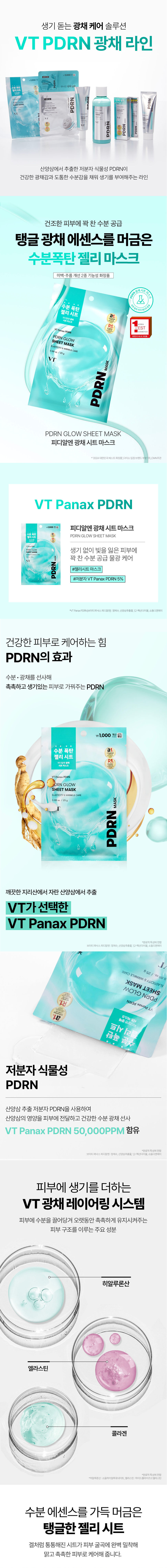 A lively glow care solution VTPDRN glow line moisture separation treatment PDRN PDRN PDRN PDRN PDRN A line that provides vitality by filling the skin with a healthy glow and thick moisture with low-molecular plant-based PDRN extracted from wild ginseng. A moisture bomb jelly mask containing a tangy glow essence that provides full moisture to dry skin. A dual-functional cosmetic for whitening and wrinkle improvement, glowing sis mask. � Moisture bomb jelly sheet mask ST PDRN GLOW SHEET MASK MASK PDRN PDRN GLOW SHEET MASK PDRN GLOW SHEET MASK PDRN Glow Sheet Mask *2024 Korea's Best Cosmetics King), Daiso store brand VT Panax PDRN PDRN Glow Sheet Mask When it's moist, PDRNGLOW SHEETMASK A water glow care PDRN #jelly sheet mask #low-molecular VT Panax PDRN5% *VTRanaxPORN (Jeonha T-Phoenix PD A-Pen) Purified water, wild ginseng extract, 12-hexanediol, sodium DNA The power to care for healthy skin The effect of PDRN PDRN that provides moisture and radiance to keep skin moist and lively ₩1,000 calculation ■ Moisture bomb jelly sheet GD Moisture RN GLOW SHEET MASK MASK PDRN Extracted from wild ginseng grown in the clean Jirisan Mountain VT Panax PDRN selected by VT VT Phoenix PDRN: purified water, wild ginseng extract, 12-hexanediol 25g ELASTITYBINKERYBERS SHEET MASK GLOW PDRN VTPanaxPDRN R1 THERSON ma ally e ������ ョ|Y 2 Special Bear Low molecular plant-based PDRN Wild ginseng extract Low molecular PDRN is used to deliver the nutrients of wild ginseng to the skin and provide healthy moisture and radiance Contains VT Panax PDRN 50,000PPM *Limited to the characteristics of the raw materials (Vitamin Perseus, the king of essences, Jeong Si-ah, Seon Jeong-sang extract) (2 weeks) Water, Sodium Diene VT radiance layering system that adds vitality to the skin The main components of the skin structure that attract moisture to the skin and keep it moisturized for a long time Hyaluronic acid Elastin Collagen A plump jelly sheet filled with moisture essence like a gel The sheet that has become plump like a gel perfectly adheres to the curves of the skin and cares for it to be clear and moist. Soft and warm floral allergen-free fragrance TOP I Green, Plum MIDDLE I Cherry Blossom, Freesia BASE I Musk, Sandalwood Primary skin irritation test PDRN Radiance Sheet Mask has completed the primary skin irritation test for sensitive skin and has been determined to be a low-irritation product according to the skin irritation index judgment criteria ₩1,000 Calculation Bomb �� Sheet + = = =⌀ Product PDRNGLOW SHEETMASK PDRN Low-irritation 0.00 Mild irritation Medium irritation Strong stimulation research institute Research subjects Research method Korea Dermatological Research Institute 31 adult men and women 24-hour closed patch 'VTPDRN Glowing Sheet Mask' skin patch test title Human application test for skin primary irritation evaluation Test institute Korea Dermatological Research Institute Test period May 12, 2025 (date of first visit of test subjects) -: May 15, 2025 (end of visit) VT Cosmetic Co., Ltd.: Requested