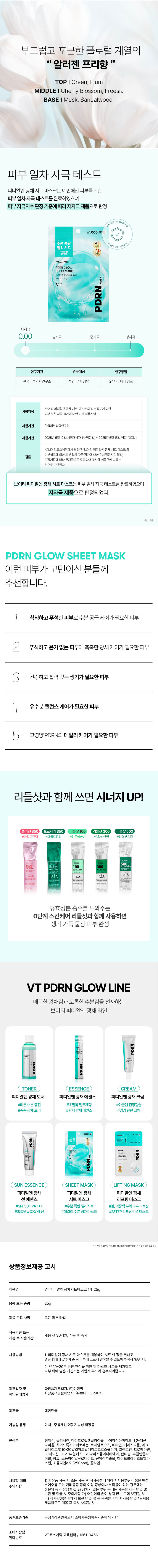 A lively glow care solution VTPDRN glow line moisture separation treatment PDRN PDRN PDRN PDRN PDRN A line that provides vitality by filling the skin with a healthy glow and thick moisture with low-molecular plant-based PDRN extracted from wild ginseng. A moisture bomb jelly mask containing a tangy glow essence that provides full moisture to dry skin. A dual-functional cosmetic for whitening and wrinkle improvement, glowing sis mask. � Moisture bomb jelly sheet mask ST PDRN GLOW SHEET MASK MASK PDRN PDRN GLOW SHEET MASK PDRN GLOW SHEET MASK PDRN Glow Sheet Mask *2024 Korea's Best Cosmetics King), Daiso store brand VT Panax PDRN PDRN Glow Sheet Mask When it's moist, PDRNGLOW SHEETMASK A water glow care PDRN #jelly sheet mask #low-molecular VT Panax PDRN5% *VTRanaxPORN (Jeonha T-Phoenix PD A-Pen) Purified water, wild ginseng extract, 12-hexanediol, sodium DNA The power to care for healthy skin The effect of PDRN PDRN that provides moisture and radiance to keep skin moist and lively ₩1,000 calculation ■ Moisture bomb jelly sheet GD Moisture RN GLOW SHEET MASK MASK PDRN Extracted from wild ginseng grown in the clean Jirisan Mountain VT Panax PDRN selected by VT VT Phoenix PDRN: purified water, wild ginseng extract, 12-hexanediol 25g ELASTITYBINKERYBERS SHEET MASK GLOW PDRN VTPanaxPDRN R1 THERSON ma ally e ������ ョ|Y 2 Special Bear Low molecular plant-based PDRN Wild ginseng extract Low molecular PDRN is used to deliver the nutrients of wild ginseng to the skin and provide healthy moisture and radiance Contains VT Panax PDRN 50,000PPM *Limited to the characteristics of the raw materials (Vitamin Perseus, the king of essences, Jeong Si-ah, Seon Jeong-sang extract) (2 weeks) Water, Sodium Diene VT radiance layering system that adds vitality to the skin The main components of the skin structure that attract moisture to the skin and keep it moisturized for a long time Hyaluronic acid Elastin Collagen A plump jelly sheet filled with moisture essence like a gel The sheet that has become plump like a gel perfectly adheres to the curves of the skin and cares for it to be clear and moist. Soft and warm floral allergen-free fragrance TOP I Green, Plum MIDDLE I Cherry Blossom, Freesia BASE I Musk, Sandalwood Primary skin irritation test PDRN Radiance Sheet Mask has completed the primary skin irritation test for sensitive skin and has been determined to be a low-irritation product according to the skin irritation index judgment criteria ₩1,000 Calculation Bomb �� Sheet + = = =⌀ Product PDRNGLOW SHEETMASK PDRN Low-irritation 0.00 Mild irritation Medium irritation Strong stimulation research institute Research subjects Research method Korea Dermatological Research Institute 31 adult men and women 24-hour closed patch 'VTPDRN Glowing Sheet Mask' skin patch test title Human application test for skin primary irritation evaluation Test institute Korea Dermatological Research Institute Test period May 12, 2025 (date of first visit of test subjects) -: May 15, 2025 (end of visit) VT Cosmetic Co., Ltd.: Requested