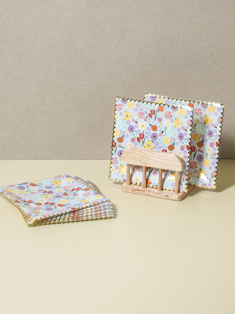플라워 사각 금박 종이 접시 19 cm 8개입 블루