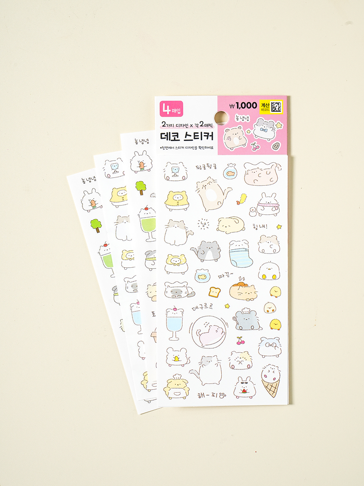 파스텔 동물 스티커 4매입
