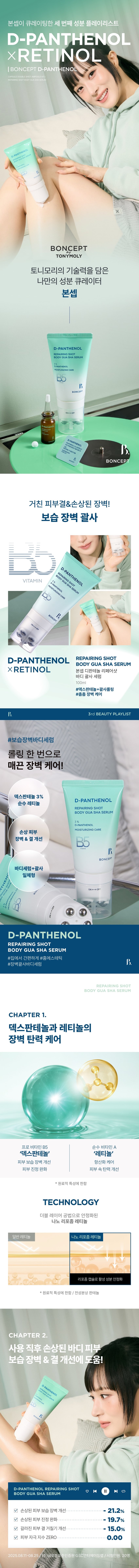 본셉이 큐레이팅한 세 번째 성분 플레이리스트  D-판테놀  레티놀  BONCEPT D-PANTHENOL  BONCEPT  TONYMOLY  토니모리의 기술력을 담은  나만의 성분 큐레이터  본셉  D-PAN테놀  리페어링 샤세럼  디스턴라이징케어  B  BONCEP  BONCEPT  거친 피부결&손상된 장벽!  보습 장벽 괄사  D-PAN테놀  리페어링샷  비타민 30%PA  GUA SHA SERUM  B  D-PAN테놀 리페어링샷  바디 GUA SHA SERUM  레티놀 본셉 디판테놀 리페어샷  바디 괄사 세럼  100ml  #덱스판테놀+팔사롤링  #촘촘 장벽케어  B. 3RD BEAUTY PLAYLIST  #보습장벽바디세럼  롤링 한 번으로  매끈 장벽 케어!  덱스판테놀 3%  D-PAN테놀  순수 레티놀  REPAIRING SHOT  BODY GUA SHA SERUM  D-PAN테놀  보습 케어  손상피부  장벽 &결개선  BONCEPT  바디세럼+괄사  일체형  ON↔OF  D-PAN테놀  리페어링샷  BODY GUA SHA SERUM  #집에서 간편하게#홈에스테틱  #장벽괄사바디세럼 B.  REPAIRING SHOT  BODY GUA SHA SERUM  CHAPTER 1.  덱스판테놀과 레티놀의  장벽 탄력 케어  프로 비타민 B5 순수 비타민 A  '덱스판테놀' '레티놀'  피부 보습 장벽 개선 항산화케어  피부 진정 완화 피부 속탄력 개선  *원료적 특성에 한함  TECHNOLOGY  더블 레이어 공법으로 안정화된  나노 리포좀 레티놀  일반레티놀 나노리포좀 레티놀  리포좀 캡슐로 활성성분 안정화  * 원료적 특성에 한함/ 전성분상 판테놀  CHAPTER 2.  사용 직후 손상된 바디 피부  보습 장벽 & 결 개선에 도움!  D-PAN테놀  D-PAN테놀 리페어링샷  BODY GUA SHA SERUM  ☑ 손상된 피부 보습 장벽개선· 21.2%  ☑ 손상된 피부 진정 완화 19.7%  ☑ 갈라진 피부 결거칠기개선· 15.0%  ☑ 피부자극지수 ZERO. 0.00  2025.08.11 08.25 C안티에이징랩/시험인원 손상된 피부의 즉각적  보습 장벽 개선 & 피부 진정 완화  보습 장벽 개선 피부 진정 완화  19.7%)  21.2%)  물리적자극후 사용 후 물리적 자극후 사용후  갈라진 피부 결(거칠기) 개선  사용전 사용직후  15.0%)  27.6%)  사용전 사용 후 사용 2주후  2025.08.11-08.25/ (주)글로벌표준인증원 GSC안티에이징랩/ 시험인원: 20명  *개인차 있을 수있음  TEST03  저자극 D-판테놀 바디 괄사 세럼  '피부에 자극없이 편안한 느낌이에요  100%  *'본셉 디판테놀 리페어샷 바디 괄사 세럼의 건조에 의한  갈라진 피부결(거칠기) 개선, 손상된 피부의·  보습장벽개선 및 피부진정완화 평가  인체적용시험대상 재설문당 가중공정적 만족도평  B. #저자극포뮬러 #피부자극테스트완료  ☑ 피부 자극 테스트 완료  피부자극정도  시험제품 본셉 D-판테놀 리페어샷 바디 괄사세럼 저자극  피부자극정도 (주)토니모리에서의뢰한 본셉 디판테놀 리페어샷  바디괄사세람의 일차피부자극지수는 QC0으로  저자극성 범위에 속하는 제품으로 판단된다.  2025.08.19-08.21/(주)글로벌표준인증원 GSC안티에이징랩/ 시험인원: 31명  *개인차 있을 수 있음  REPAIRING SHOT  BODY GUA SHA SERUM  CHAPTER 3.  바디 곡면을 고려해  손에 자연스럽게 맞는 디자인 설계  D-PAN테놀 SHOT  REPAIRING  BODY GUA SHA SER  바디 굴곡 맞춤 30° 기울기  3%  D-PAN테놀  보습 케어  360° 돌아가는5개의  스테인리스 마사지 모르  ON↔OFF  위생적인 회전식  ON/OFF 용기  BONCEPT  CHAPTER 4.  지친 하루 끝을 부드럽게 감싸는  허브 머스크 플로럴 향  허브 머스크 D-PAN테놀  플로럴  #D-PAN테놀  HEALING MOOD  은은하게 이어지는 잔향으로  일상에 포근함을 더하는 바디 괄사 세럼  Gua Sha Item  3RD BEAUTY PLAY  D-PAN테놀  X RETINOL  contains 3%  레티놀 and Pure Retinol helps  repair the damaged skin barrier and  leavesskin soft, smooth, and hydrated  -PAN테놀  D-PAN테놀 X RETINOL  PLAYLIST  TEXTURE  피부 속까지 촉촉하게 채워주는  보습감 가득한 크림 텍스처  HOW TO USE  바디 괄사 세럼  이렇게 사용하세요! 괄사 팁을 'ON'으로 돌려 열어준 후,  내용물을 적당량 덜어 피부 결을 따라 부드럽게  마사지하며 흡수시켜 줍니다.  *사용 후! 괄사 팁을 'OFF'로 돌려 닫은 뒤,  팁에 묻은 내용물을 깨끗이 닦아 보관하시기 바랍니다.  *튜브를 강하게 누르면 내용물이 옆으로 새어 나올 수 있으니  부드럽게 눌러 사용하시기 바랍니다.  RECOMMEND  매일 5분! 홈케어 바디 마사지 루틴  종아리 각질 까칠한 팔뚝 거친 팔꿈치  BONCEPT TONYMOLY  BODY GUA SHA LINE  바디 피부 고민별 맞춤 괄사 케어  레티놀 탄력샷 비타씨 미백샷 D-판테놀 리페어샷  바디 괄사 세럼 바디 괄사 세럼 바디 괄사 세럼  처진 바디가 고민이라면! 거뭇한 바디가 고민이라면! 까칠한 바디가 고민이라면!  #탄력리프팅 #착색브라이트닝 #보습장벽케어  본 상품 정보(상품 상세, 상품 설명 등)의 내용은 협력사가 직접 작성/제작한 것입니다.  상품 정보 제공 고시  제품명 본셉 디판테놀 리페어샷 바디 괄사 세럼  내용물의 용량 또는 중량 100ml  제품 주요사양 모든 피부 타입  사용기한 또는 개봉 후 사용기한 개봉 전 36개월/개봉 후 12개월  사용방법 괄사 팁을 'ON'으로 돌려 열어준 후, 내용물을 적당량  덜어 피부 결을 따라 부드럽게 마사지하며 흡수시켜 줍니다.  식품의약품안전처 주름개선 & 미백 2중 기능성화장품  심사필유무(기능성화장품) 화장품법에 따른 기능성 화장품 심사를 필함  화장품제조업자 (주)메가코스  화장품책임판매업자 (주)토니모리  제조국 한국  정제수, 글리세린, 에틸헥실팔미테이트, 판테놀(3 %), 나이아신아마이드, 글리세릴스테아레이트, 세틸알코올, 카프릴릭/카프릭트라이글리세라이드, 다이메티콘, 세테아릴알코올, 살구씨오일, 레티놀, 엑토인, 시어버터, 카보머, 소듐폴리아크릴레이트, 아크릴레이트/C10-30알킬아크릴레이트크로스폴리머, 녹두씨추출물, 하이드로제네이티드레시틴, 1,2-헥산다이올, 토코페릴아세테이트, 폴리글리세릴-10미리스테이트, 병풀뿌리추출물, 병풀추출물, 병풀잎추출물, 아시아틱애씨드, 아시아티코사이드, 마데카식애씨드, 마데카소사이드, 에스에이치-올리고펩타이드-1, 에스에이치-올리고펩타이드-2, 에스에이치-폴리펩타이드-1, 에스에이치-폴리펩타이드-22, 에스에이치-폴리펩타이드-3, 에틸헥실글리세린, 아데노신, 다이소듐이디티에이, 트로메타민, 하이드록시아세토페논, 로즈마리잎오일, 향료  사용할 때의 주의사항 1. 화장품 사용 시 또는 사용 후 직사광선에 의하여 사용부위가  붉은 반점, 부어오름 또는 가려움증 등의 이상 증상이나 부작용이  있는 경우에는 전문의 등과 상담할 것.  2. 상처가 있는 부위 등에는 사용을 자제할 것.  3. 보관 및 취급 시 주의사항  가) 어린이의 손이 닿지 않는 곳에 보관할 것.  나) 직사광선을 피해서 보관할 것.  품질 보증 기준 공정거래위원회고시 소비자분쟁해결기준에 의거함  소비자 상담실 080-356-2222