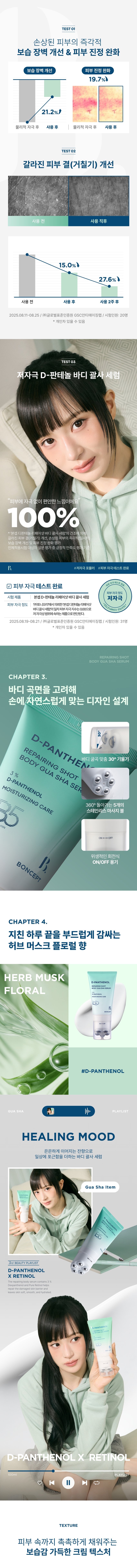 본셉이 큐레이팅한 세 번째 성분 플레이리스트  D-판테놀  레티놀  BONCEPT D-PANTHENOL  BONCEPT  TONYMOLY  토니모리의 기술력을 담은  나만의 성분 큐레이터  본셉  D-PAN테놀  리페어링 샤세럼  디스턴라이징케어  B  BONCEP  BONCEPT  거친 피부결&손상된 장벽!  보습 장벽 괄사  D-PAN테놀  리페어링샷  비타민 30%PA  GUA SHA SERUM  B  D-PAN테놀 리페어링샷  바디 GUA SHA SERUM  레티놀 본셉 디판테놀 리페어샷  바디 괄사 세럼  100ml  #덱스판테놀+팔사롤링  #촘촘 장벽케어  B. 3RD BEAUTY PLAYLIST  #보습장벽바디세럼  롤링 한 번으로  매끈 장벽 케어!  덱스판테놀 3%  D-PAN테놀  순수 레티놀  REPAIRING SHOT  BODY GUA SHA SERUM  D-PAN테놀  보습 케어  손상피부  장벽 &결개선  BONCEPT  바디세럼+괄사  일체형  ON↔OF  D-PAN테놀  리페어링샷  BODY GUA SHA SERUM  #집에서 간편하게#홈에스테틱  #장벽괄사바디세럼 B.  REPAIRING SHOT  BODY GUA SHA SERUM  CHAPTER 1.  덱스판테놀과 레티놀의  장벽 탄력 케어  프로 비타민 B5 순수 비타민 A  '덱스판테놀' '레티놀'  피부 보습 장벽 개선 항산화케어  피부 진정 완화 피부 속탄력 개선  *원료적 특성에 한함  TECHNOLOGY  더블 레이어 공법으로 안정화된  나노 리포좀 레티놀  일반레티놀 나노리포좀 레티놀  리포좀 캡슐로 활성성분 안정화  * 원료적 특성에 한함/ 전성분상 판테놀  CHAPTER 2.  사용 직후 손상된 바디 피부  보습 장벽 & 결 개선에 도움!  D-PAN테놀  D-PAN테놀 리페어링샷  BODY GUA SHA SERUM  ☑ 손상된 피부 보습 장벽개선· 21.2%  ☑ 손상된 피부 진정 완화 19.7%  ☑ 갈라진 피부 결거칠기개선· 15.0%  ☑ 피부자극지수 ZERO. 0.00  2025.08.11 08.25 C안티에이징랩/시험인원 손상된 피부의 즉각적  보습 장벽 개선 & 피부 진정 완화  보습 장벽 개선 피부 진정 완화  19.7%)  21.2%)  물리적자극후 사용 후 물리적 자극후 사용후  갈라진 피부 결(거칠기) 개선  사용전 사용직후  15.0%)  27.6%)  사용전 사용 후 사용 2주후  2025.08.11-08.25/ (주)글로벌표준인증원 GSC안티에이징랩/ 시험인원: 20명  *개인차 있을 수있음  TEST03  저자극 D-판테놀 바디 괄사 세럼  '피부에 자극없이 편안한 느낌이에요  100%  *'본셉 디판테놀 리페어샷 바디 괄사 세럼의 건조에 의한  갈라진 피부결(거칠기) 개선, 손상된 피부의·  보습장벽개선 및 피부진정완화 평가  인체적용시험대상 재설문당 가중공정적 만족도평  B. #저자극포뮬러 #피부자극테스트완료  ☑ 피부 자극 테스트 완료  피부자극정도  시험제품 본셉 D-판테놀 리페어샷 바디 괄사세럼 저자극  피부자극정도 (주)토니모리에서의뢰한 본셉 디판테놀 리페어샷  바디괄사세람의 일차피부자극지수는 QC0으로  저자극성 범위에 속하는 제품으로 판단된다.  2025.08.19-08.21/(주)글로벌표준인증원 GSC안티에이징랩/ 시험인원: 31명  *개인차 있을 수 있음  REPAIRING SHOT  BODY GUA SHA SERUM  CHAPTER 3.  바디 곡면을 고려해  손에 자연스럽게 맞는 디자인 설계  D-PAN테놀 SHOT  REPAIRING  BODY GUA SHA SER  바디 굴곡 맞춤 30° 기울기  3%  D-PAN테놀  보습 케어  360° 돌아가는5개의  스테인리스 마사지 모르  ON↔OFF  위생적인 회전식  ON/OFF 용기  BONCEPT  CHAPTER 4.  지친 하루 끝을 부드럽게 감싸는  허브 머스크 플로럴 향  허브 머스크 D-PAN테놀  플로럴  #D-PAN테놀  HEALING MOOD  은은하게 이어지는 잔향으로  일상에 포근함을 더하는 바디 괄사 세럼  Gua Sha Item  3RD BEAUTY PLAY  D-PAN테놀  X RETINOL  contains 3%  레티놀 and Pure Retinol helps  repair the damaged skin barrier and  leavesskin soft, smooth, and hydrated  -PAN테놀  D-PAN테놀 X RETINOL  PLAYLIST  TEXTURE  피부 속까지 촉촉하게 채워주는  보습감 가득한 크림 텍스처  HOW TO USE  바디 괄사 세럼  이렇게 사용하세요! 괄사 팁을 'ON'으로 돌려 열어준 후,  내용물을 적당량 덜어 피부 결을 따라 부드럽게  마사지하며 흡수시켜 줍니다.  *사용 후! 괄사 팁을 'OFF'로 돌려 닫은 뒤,  팁에 묻은 내용물을 깨끗이 닦아 보관하시기 바랍니다.  *튜브를 강하게 누르면 내용물이 옆으로 새어 나올 수 있으니  부드럽게 눌러 사용하시기 바랍니다.  RECOMMEND  매일 5분! 홈케어 바디 마사지 루틴  종아리 각질 까칠한 팔뚝 거친 팔꿈치  BONCEPT TONYMOLY  BODY GUA SHA LINE  바디 피부 고민별 맞춤 괄사 케어  레티놀 탄력샷 비타씨 미백샷 D-판테놀 리페어샷  바디 괄사 세럼 바디 괄사 세럼 바디 괄사 세럼  처진 바디가 고민이라면! 거뭇한 바디가 고민이라면! 까칠한 바디가 고민이라면!  #탄력리프팅 #착색브라이트닝 #보습장벽케어  본 상품 정보(상품 상세, 상품 설명 등)의 내용은 협력사가 직접 작성/제작한 것입니다.  상품 정보 제공 고시  제품명 본셉 디판테놀 리페어샷 바디 괄사 세럼  내용물의 용량 또는 중량 100ml  제품 주요사양 모든 피부 타입  사용기한 또는 개봉 후 사용기한 개봉 전 36개월/개봉 후 12개월  사용방법 괄사 팁을 'ON'으로 돌려 열어준 후, 내용물을 적당량  덜어 피부 결을 따라 부드럽게 마사지하며 흡수시켜 줍니다.  식품의약품안전처 주름개선 & 미백 2중 기능성화장품  심사필유무(기능성화장품) 화장품법에 따른 기능성 화장품 심사를 필함  화장품제조업자 (주)메가코스  화장품책임판매업자 (주)토니모리  제조국 한국  정제수, 글리세린, 에틸헥실팔미테이트, 판테놀(3 %), 나이아신아마이드, 글리세릴스테아레이트, 세틸알코올, 카프릴릭/카프릭트라이글리세라이드, 다이메티콘, 세테아릴알코올, 살구씨오일, 레티놀, 엑토인, 시어버터, 카보머, 소듐폴리아크릴레이트, 아크릴레이트/C10-30알킬아크릴레이트크로스폴리머, 녹두씨추출물, 하이드로제네이티드레시틴, 1,2-헥산다이올, 토코페릴아세테이트, 폴리글리세릴-10미리스테이트, 병풀뿌리추출물, 병풀추출물, 병풀잎추출물, 아시아틱애씨드, 아시아티코사이드, 마데카식애씨드, 마데카소사이드, 에스에이치-올리고펩타이드-1, 에스에이치-올리고펩타이드-2, 에스에이치-폴리펩타이드-1, 에스에이치-폴리펩타이드-22, 에스에이치-폴리펩타이드-3, 에틸헥실글리세린, 아데노신, 다이소듐이디티에이, 트로메타민, 하이드록시아세토페논, 로즈마리잎오일, 향료  사용할 때의 주의사항 1. 화장품 사용 시 또는 사용 후 직사광선에 의하여 사용부위가  붉은 반점, 부어오름 또는 가려움증 등의 이상 증상이나 부작용이  있는 경우에는 전문의 등과 상담할 것.  2. 상처가 있는 부위 등에는 사용을 자제할 것.  3. 보관 및 취급 시 주의사항  가) 어린이의 손이 닿지 않는 곳에 보관할 것.  나) 직사광선을 피해서 보관할 것.  품질 보증 기준 공정거래위원회고시 소비자분쟁해결기준에 의거함  소비자 상담실 080-356-2222