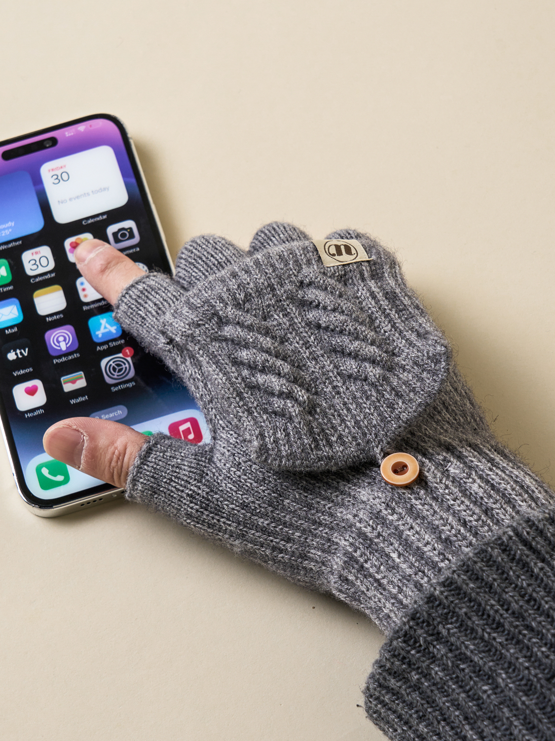 골지 니트 뚜껑형 장갑 그레이
