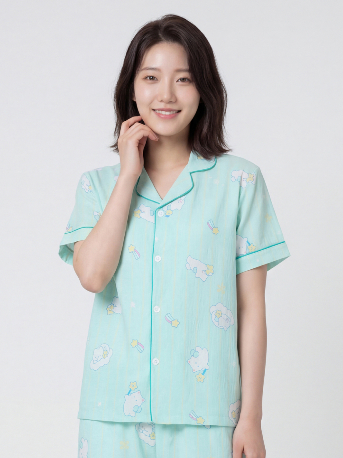 [공용] 패턴 파이핑 반팔 파자마 M 민트