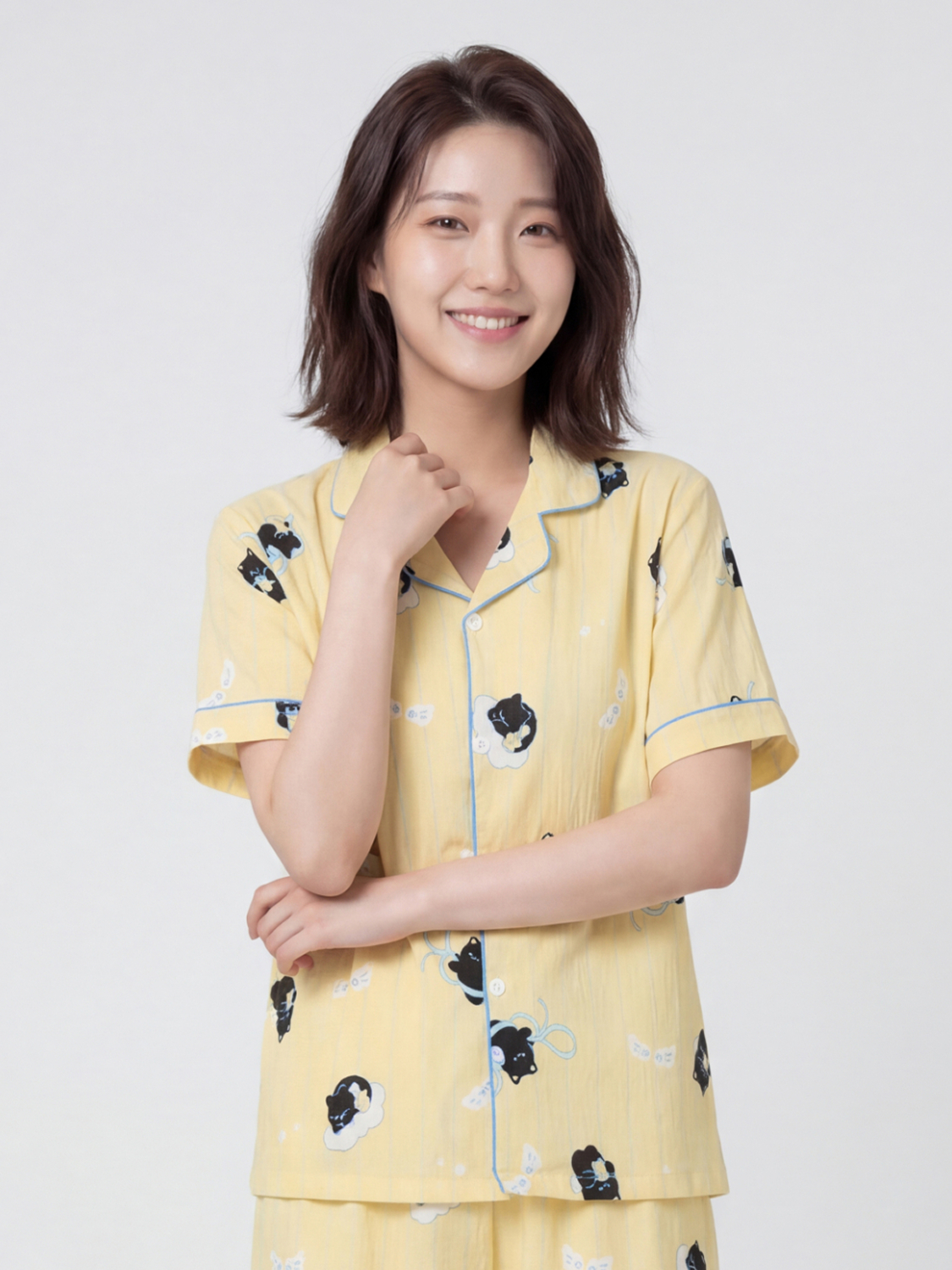 [공용] 패턴 파이핑 반팔 파자마 L 옐로우