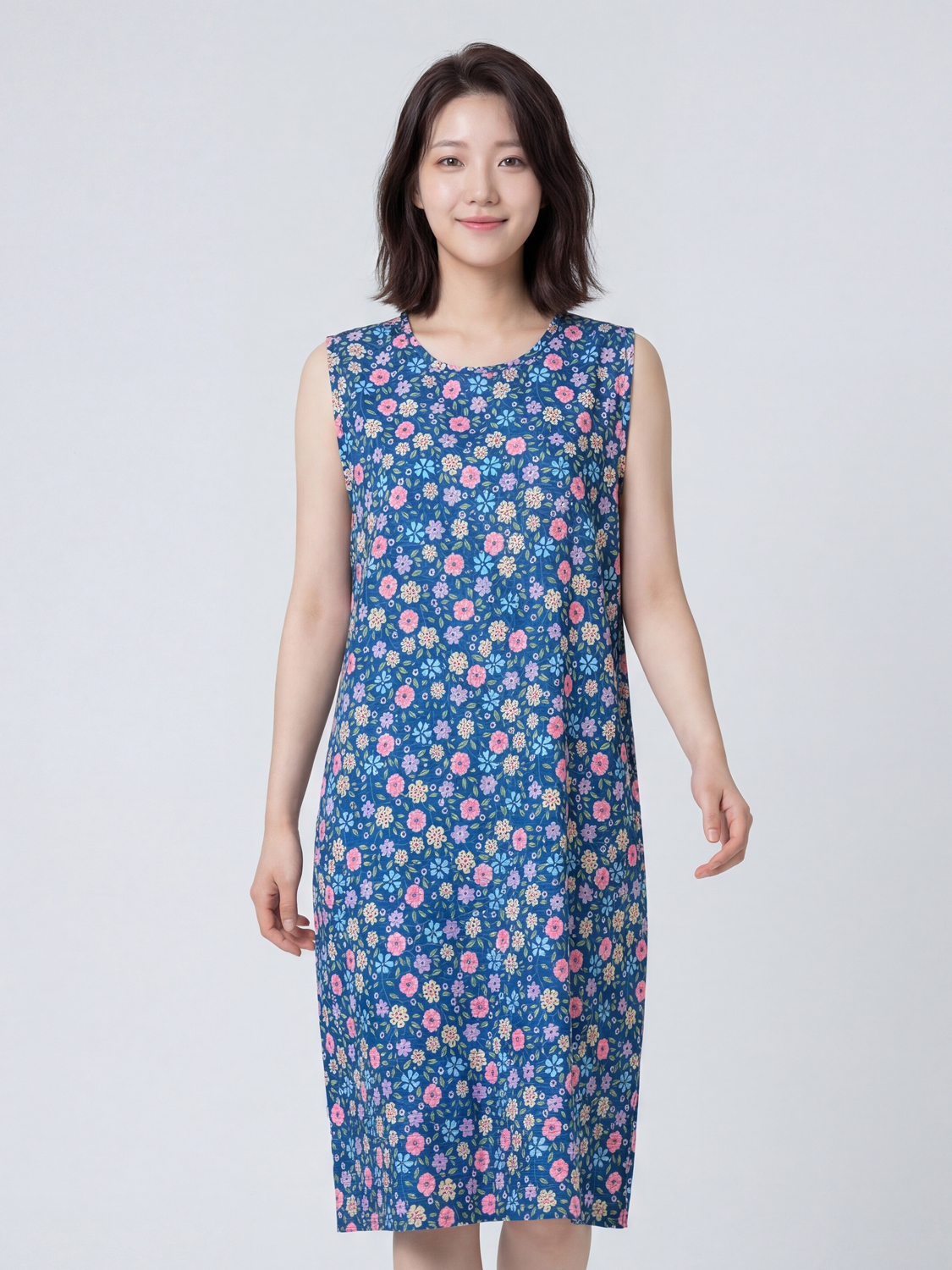 [여성] 패턴 민소매 원피스 블루