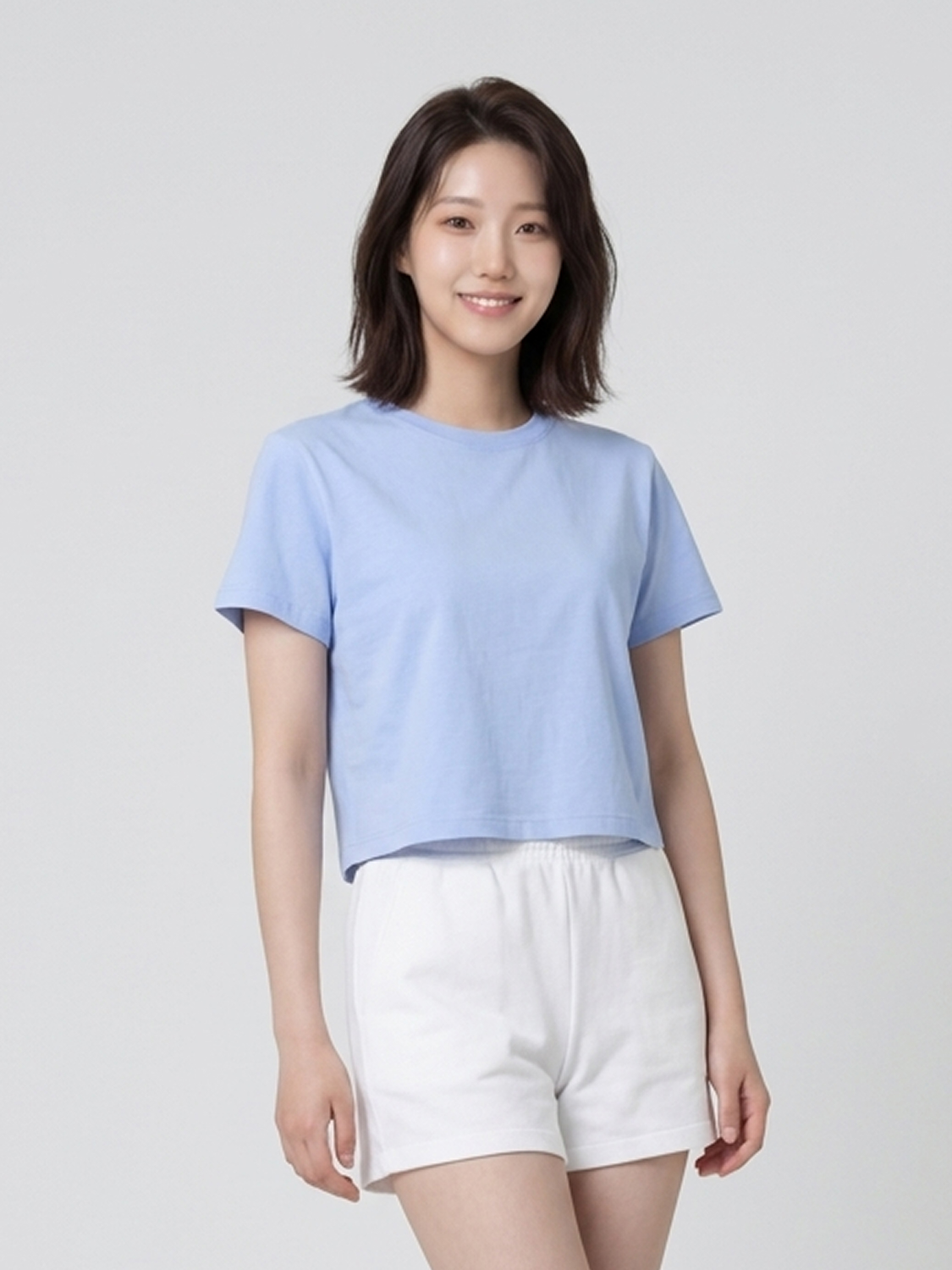 [여성] 베이직하우스 플러스+ 레귤러핏 면20수 크롭 반팔티 100 라이트블루
