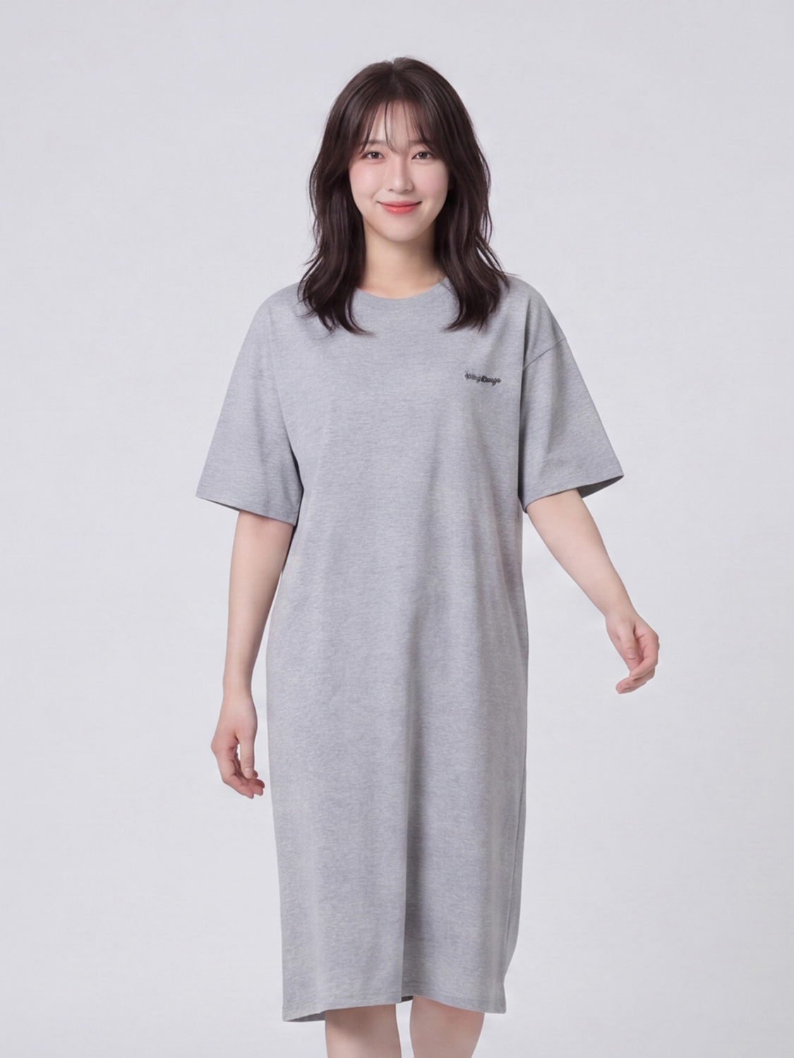 자수 포인트 반팔 원피스 그레이