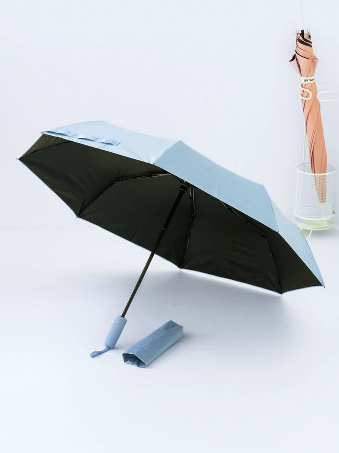 [UV 최대 99% 차단] 3단 긴 손잡이 암막 우양산 8K 56 cm 블루