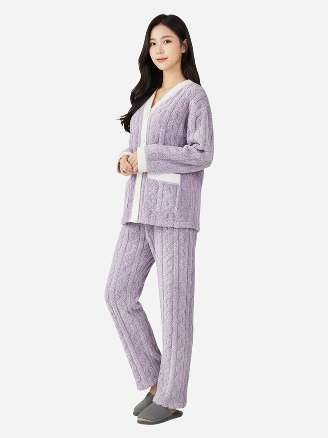 케이블 패턴 파자마 하의 퍼플