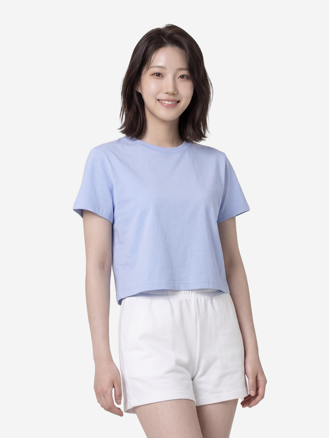 [여성] 베이직하우스 플러스+ 레귤러핏 면20수 크롭 반팔티 100 라이트블루
