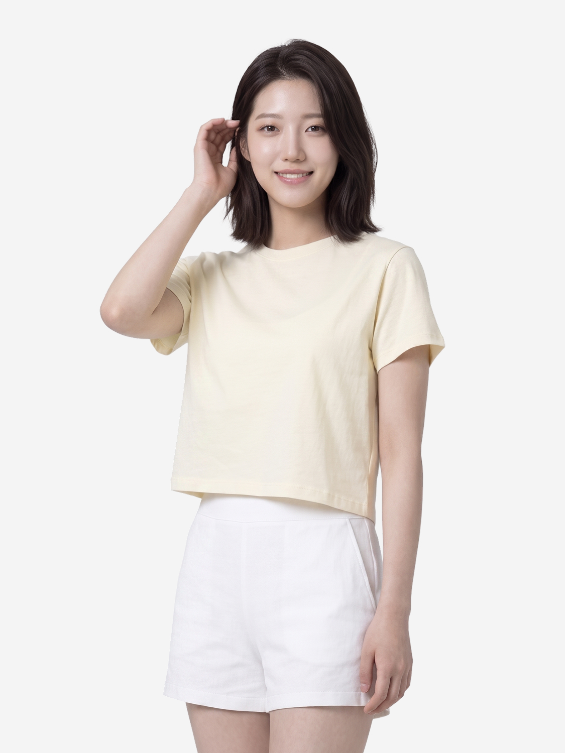 [여성] 베이직하우스 플러스+ 레귤러핏 면20수 크롭 반팔티 95 라이트옐로우