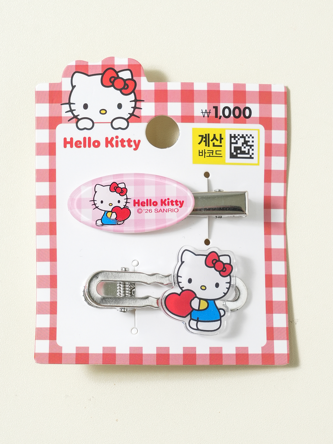 [7/24 OPEN] Серебристые заколки Hello Kitty в клетку, 2 шт.
