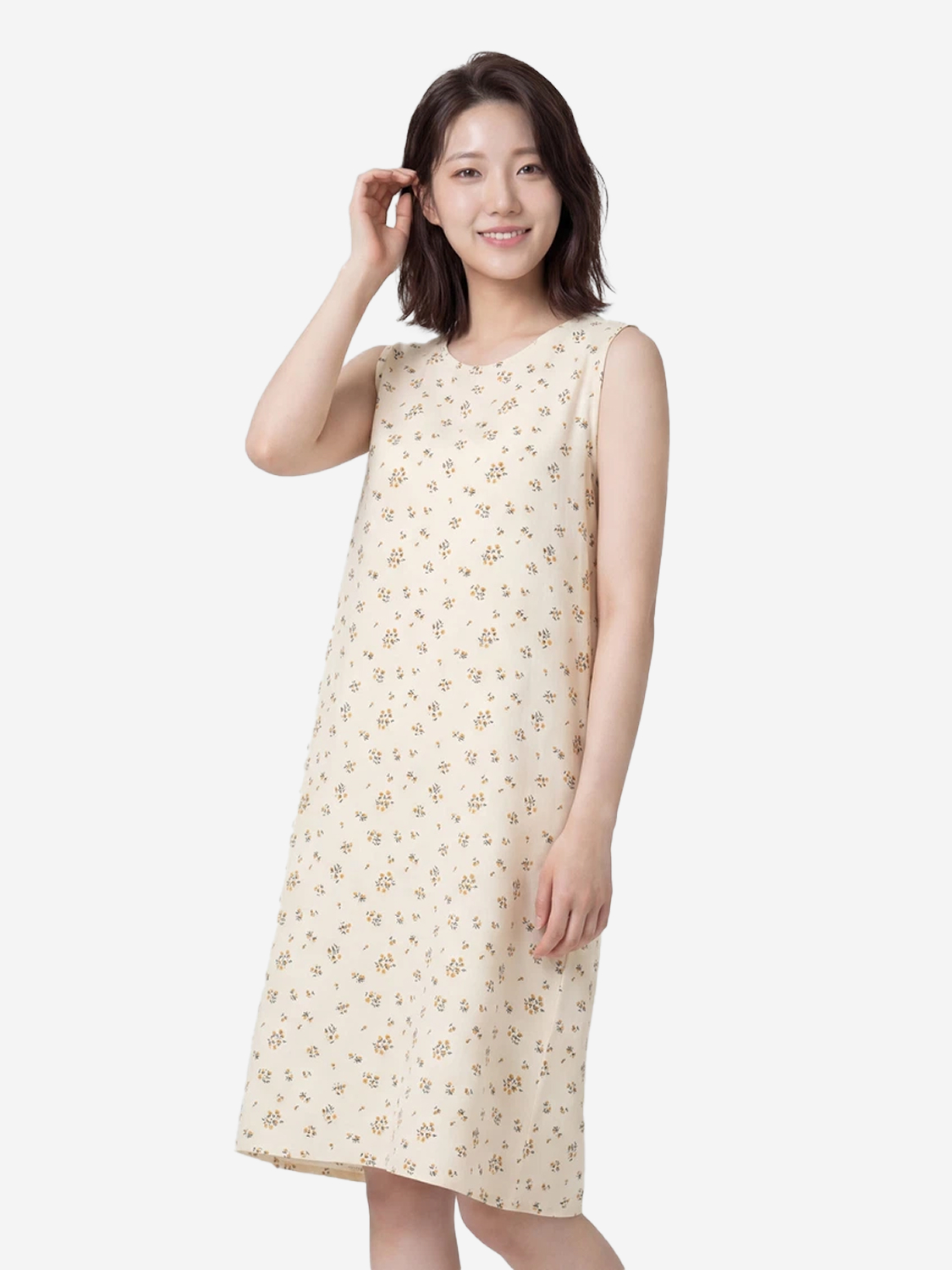 [여성] 패턴 민소매 원피스 베이지