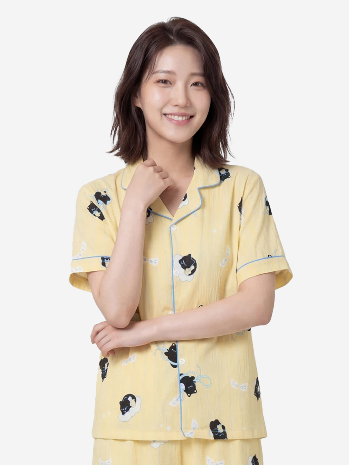 패턴 파이핑 반팔 파자마 L 옐로우