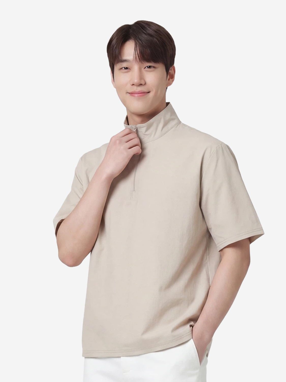 나일론 스판 반집업 티 L 아이보리