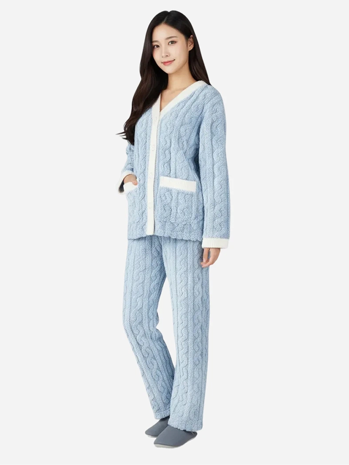 케이블 패턴 파자마 하의 블루