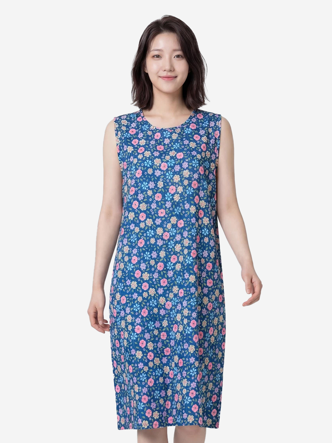 [여성] 패턴 민소매 원피스 블루