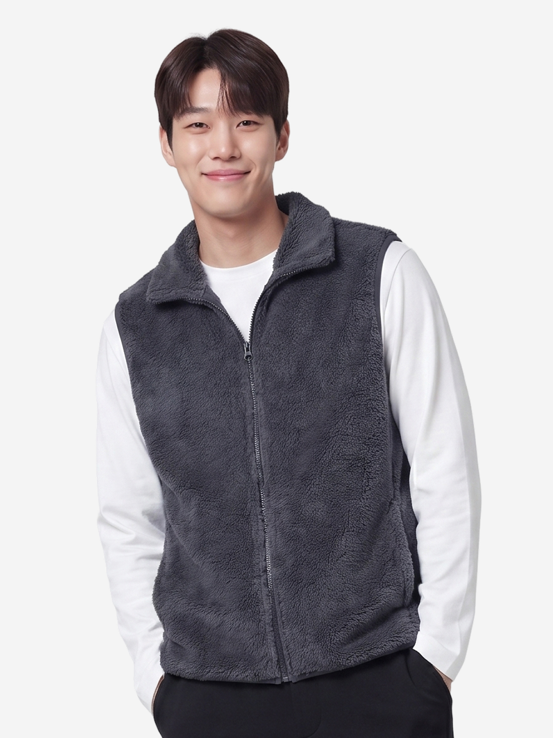 플러피 집업 조끼 플리스 L 블랙그레이