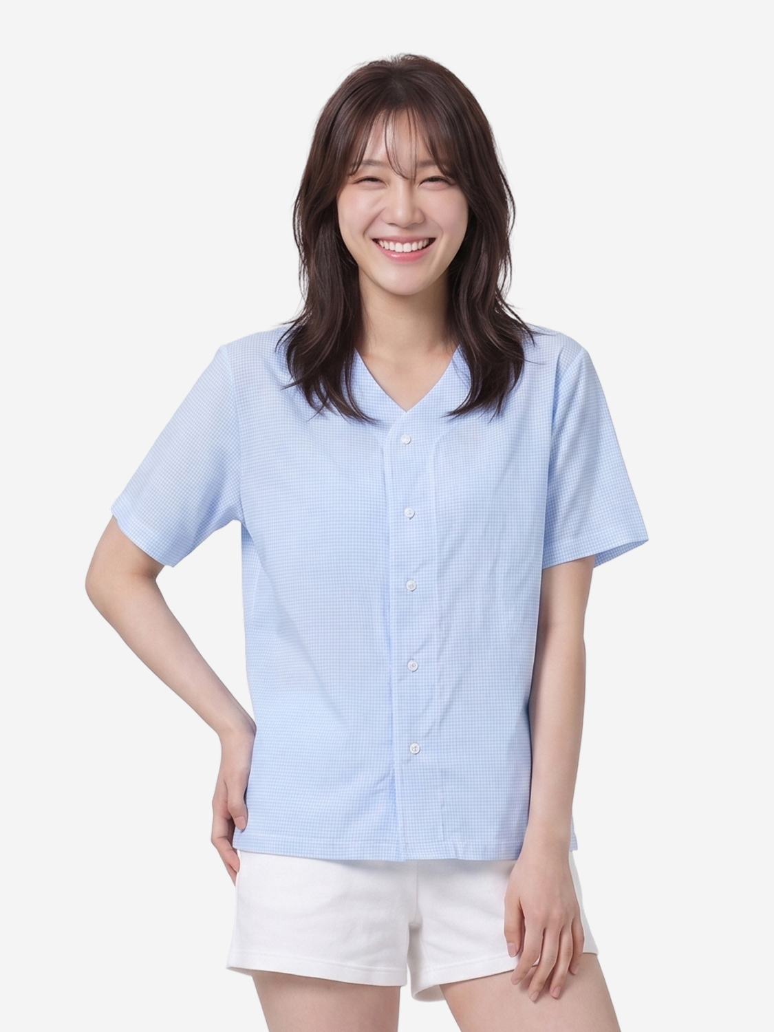 코튼 혼방 홈웨어 노카라 반팔 상의 M/L/XL 블루