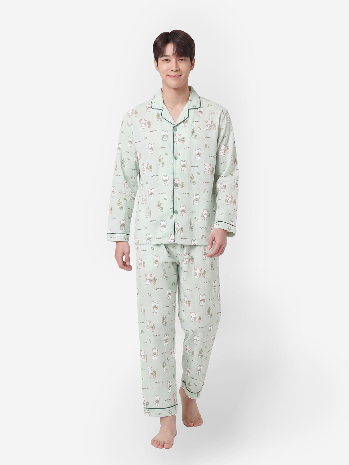 Piping Point Long-Sleeve Pajamas, Size Large, Green