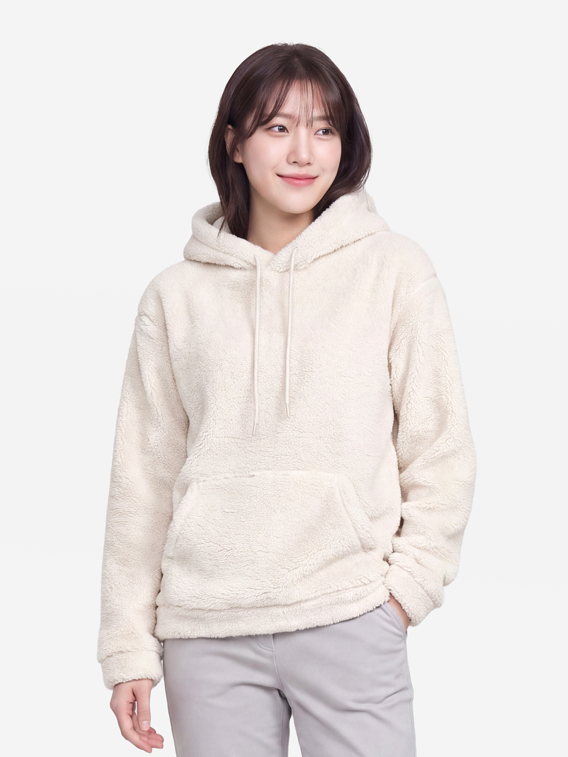 플러피 긴팔 플리스 후드 M 아이보리