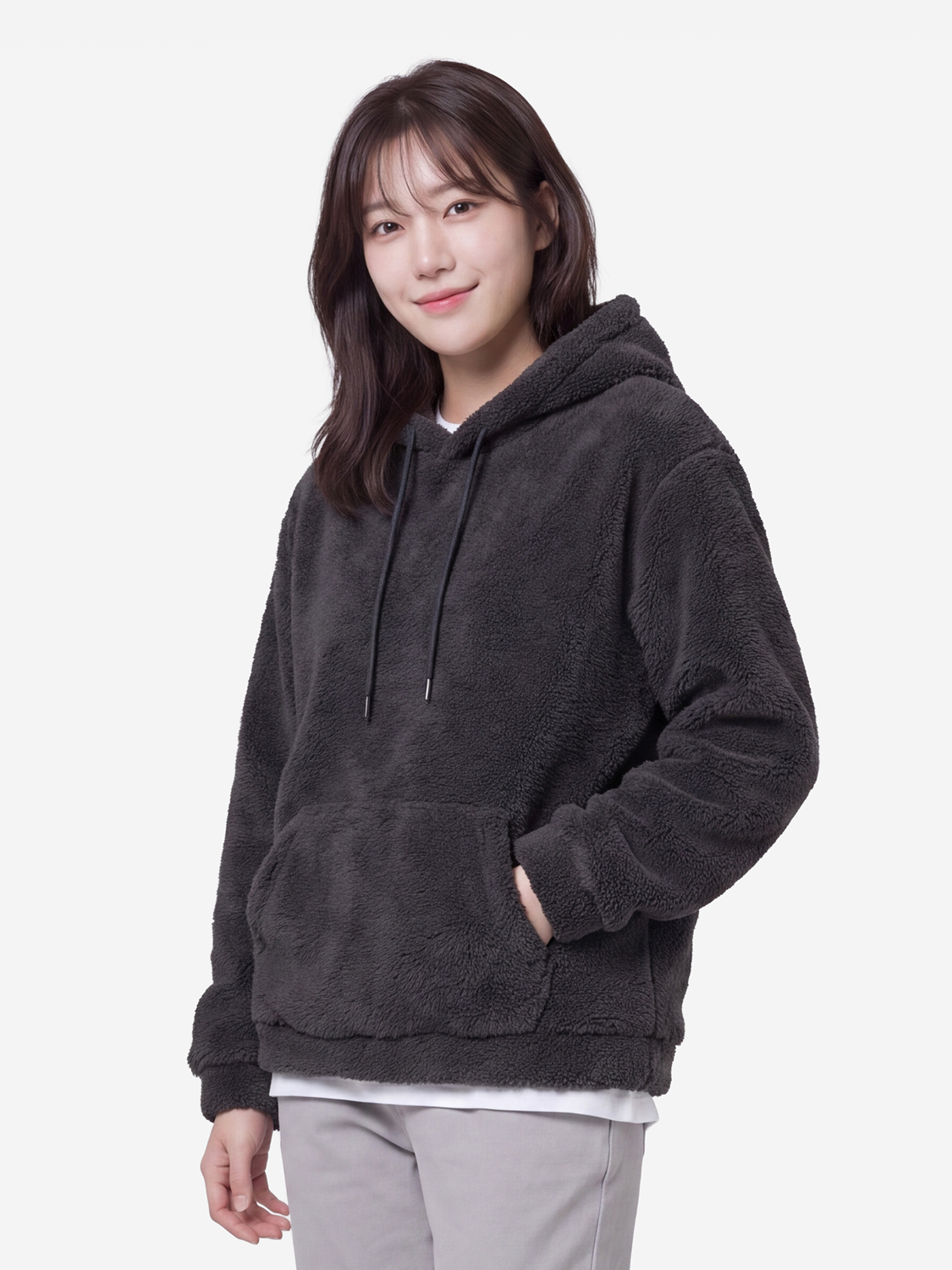 플러피 긴팔 플리스 후드 XL 블랙