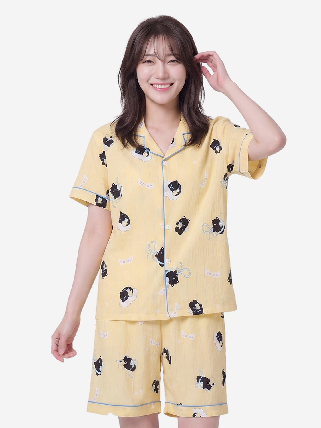 패턴 파이핑 반바지 파자마 L 옐로우