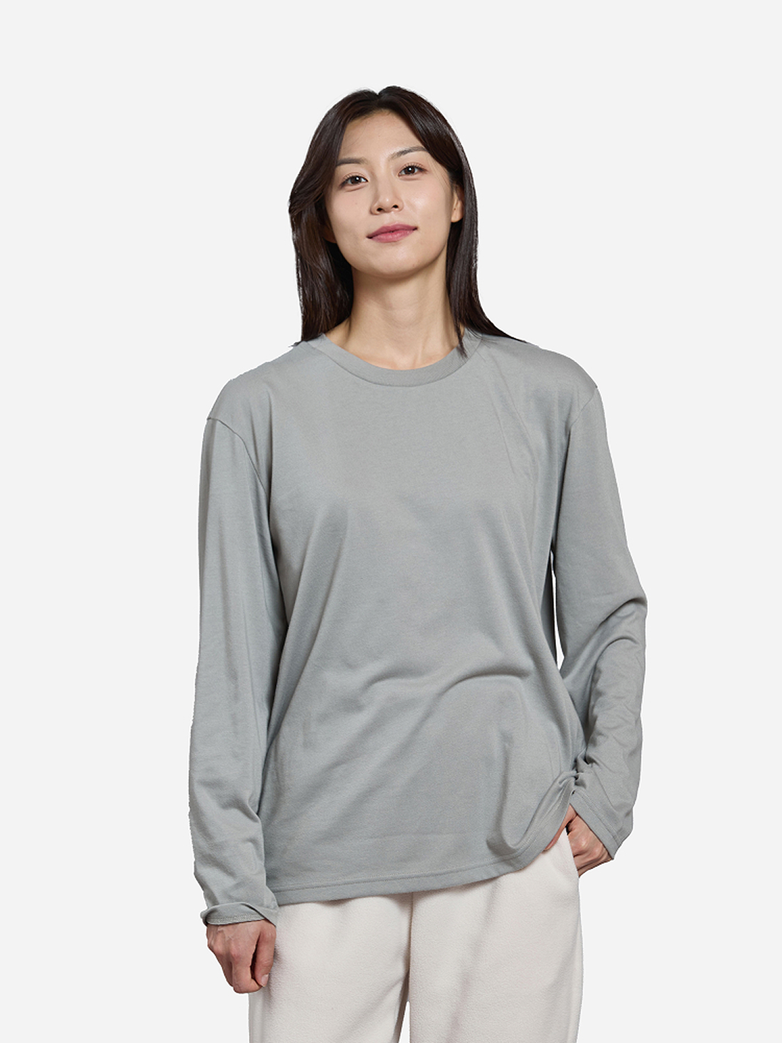 긴팔 면 혼방 티셔츠 M 카키그레이