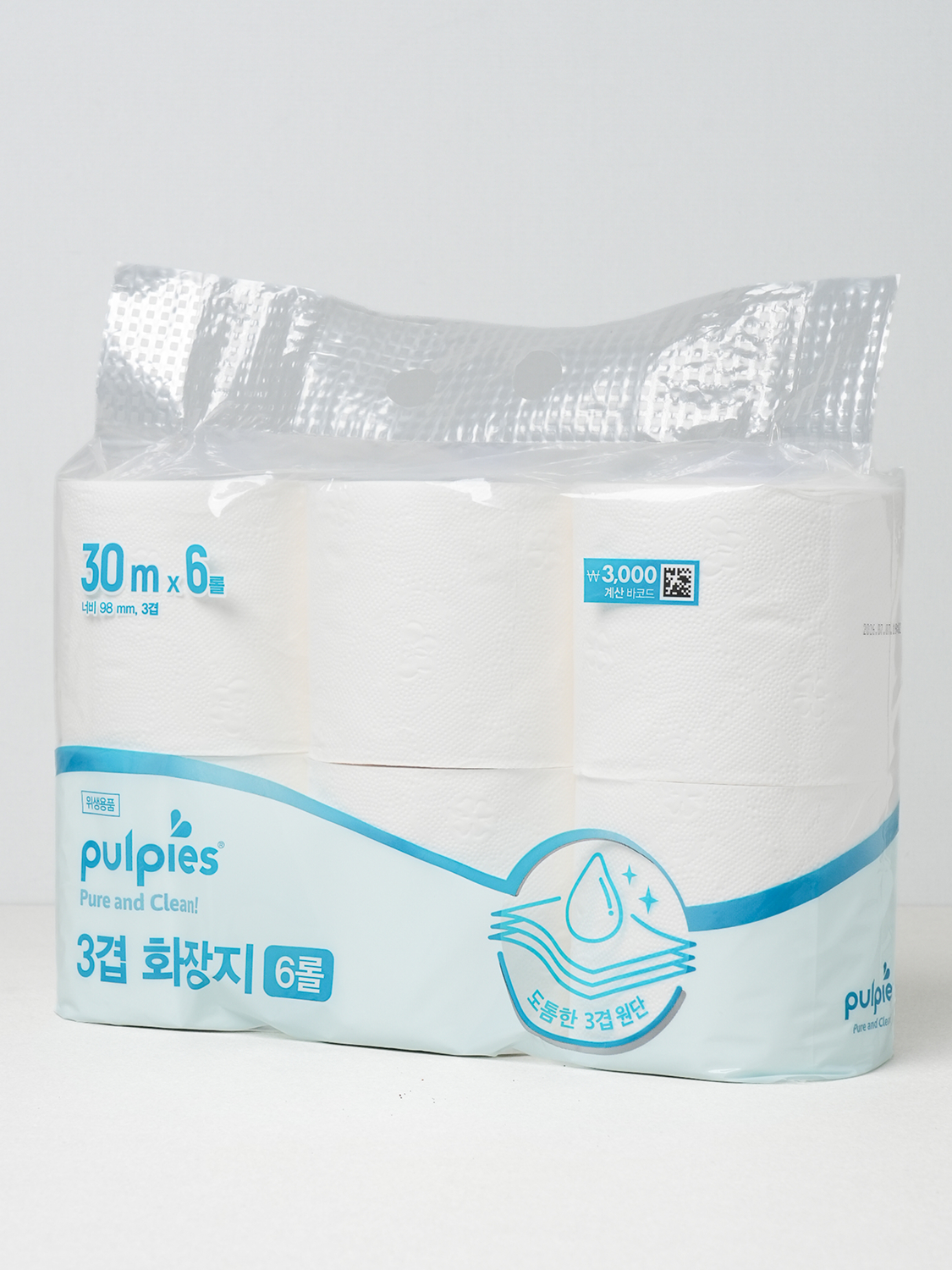 천연 펄프 3겹 롤 화장지 30 m X 6롤
