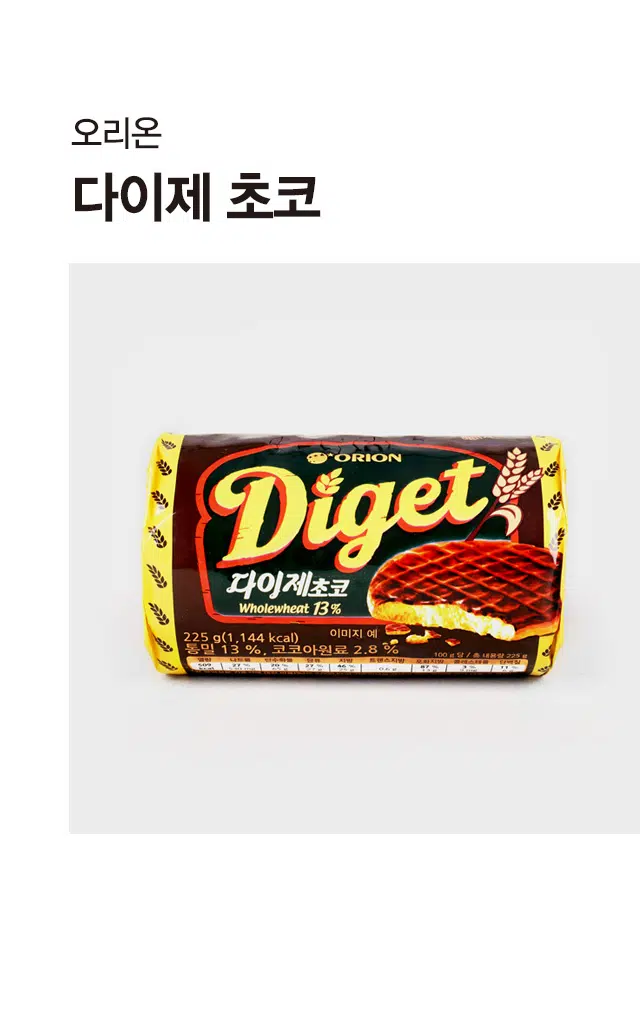 상품명: 다이제초코
식품유형: 초콜릿가공품
원재료명: 밀가루(밀 미국산), 다이제초콜릿[백설탕, 식물성유지(말레이시아산), 코코아프리퍼레이션(프랑스 산). 코코아매스, 초코크럼], 쇼트닝(팜올레인 부분경화유 알레이시아산, 우지 호주산), 전립분, 백설탕, 골든시럽, 농후발효유, 전지분유, 산도조절제 2종, 식염, L-주석산, 합성향료 2종
주원료 함량: 통밀 13%, 코코아원료 2.8%
총 내용량: 225g
100g당 열량: 530kcal
100g당 나트륨: 27%
100g당 탄수화물: 20%
100g당 당류: 27%
100g당 지방: 46%
100g당 트랜스지방: 87%
100g당 포화지방: 11%
100g당 콜레스테롤: 3%
100g당 단백질: 6%
제조업자: (주)오리온
제조업소 및 소재지: 제2 익산공장, 전라북도 익산시 서동로 23길 11
포장재질: 폴리에틸렌
유통기한: 후면표기일까지
알레르기 유발물질: 밀, 대두, 우유, 쇠고기 함유
부정 + 불량식품 신고: 국번없이 1399
고객센터: (전화) 080-023-5700 (문자) 1522-4002
반품처: 본사 및 구입한 곳