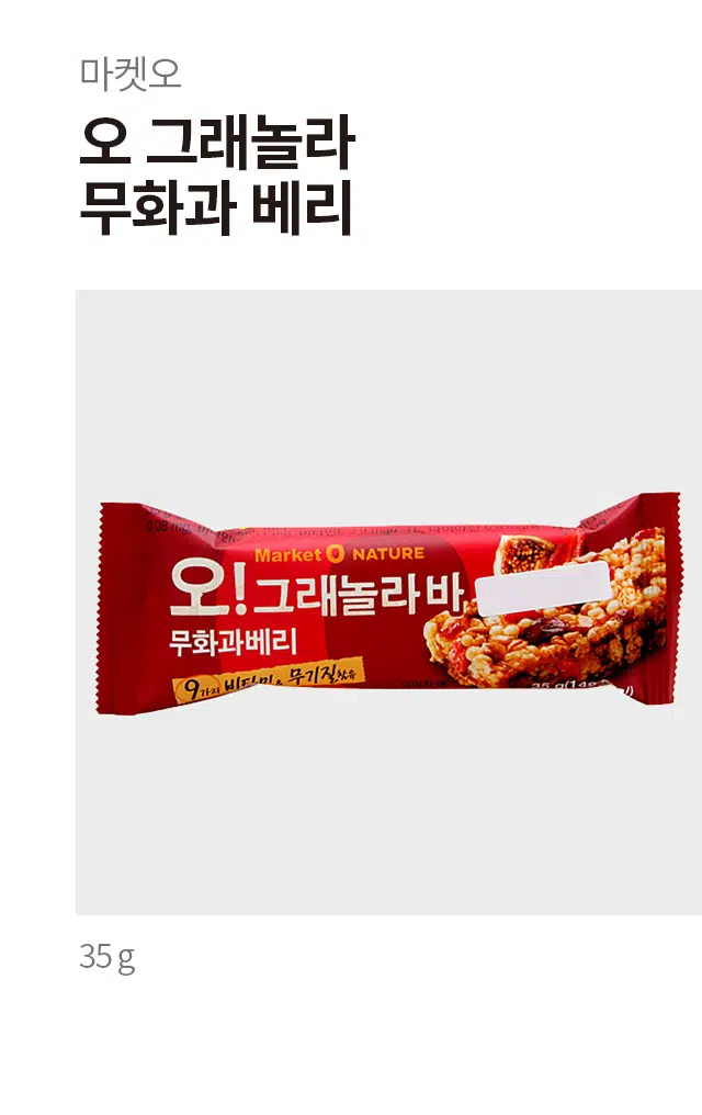 마켓오 오 그래놀라 무화과 베리

제품명: 오!그래놀라바 무화과베리
식품유형: 곡류가공품
유통기한: 후면 표기일까지
포장재질: 폴리프로필렌
품목보고번호: 201806030224

제조원: 농업회사법인 오리온농협 주식회사 경상남도 밀양시 부북면 점필재로 229-1
유통전문 판매원: (주)오리온 서울시 용산구 백범로 90다길 13

원재료명: 올리고당, 크리스피오트(미국산), 건조크랜베리 미국산(크랜베리, 백설탕, 크랜베리쥬스농축액, 식물성유지), 땅콩(아르헨티나산), 건조무화과 터키산(건조 무화과), 쌀가루, 크리스피브라운라이스(현미, 물엿, 소금), 크랙비스킷(밀가루, 백설탕, 전분, 맥아추출물, 소금), 백설탕, 물엿, 아몬드분태, 사과농축액(사과 국산), 딸기가당 다이스(중국산), 식물성유지, D-소비톨액, 쌀(국산), 글리세린, 아라비아검, 코코넛오일, 통일 가루, 건조사과(사과 국산), 혼합제제멀티비타민미네랄(제삼인산칼슘, 비타민C, 분말비타민E, 환원철, 산화아연, 비타민B6염산염, 비타민B1염산염 비타민B2- 연산), 호밀가루, 젤라틴, 전분, d-토코페롤, 분리대두단백, 다이제분말, 합성 소금, 전지분유, 구운천일염, L-주석산 향료, 유화제

영양정보
총 내용량: 35 g
1일 영양성분 기준치에 대한 비율(%)은 2,000 kcal 기준이므로 개인의 필요 열량에 따라 다를 수 있습니다.
나트륨: 45 mg (2%)
탄수화물: 24 g (7%)
당류: 12 g (12%)
지방: 5 g (9%)
트랜스지방: 0g
포화지방: 0.9g (8%)
콜레스테롤: 0 mg (0%)
단백질: 2g (4%)
칼슘: 54 mg (5%)
철분: 1.2 mg (10%)
아연: 0.6 mg (7%)
비타민A: 37 ugRE (6%)
비타민C: 6.0 mg (6%)
비타민B1: 0.07 mg (6%)
비타민B2: 0.08 mg (6%)
비타민B6: 0.1 mg (5%)
비타민E: 3.9 mg-TE (35%)
나이아신: 0.8 mgNE (1일 영양성분 기준치: 16 mgNE)
엽산: 28 ug (7%)