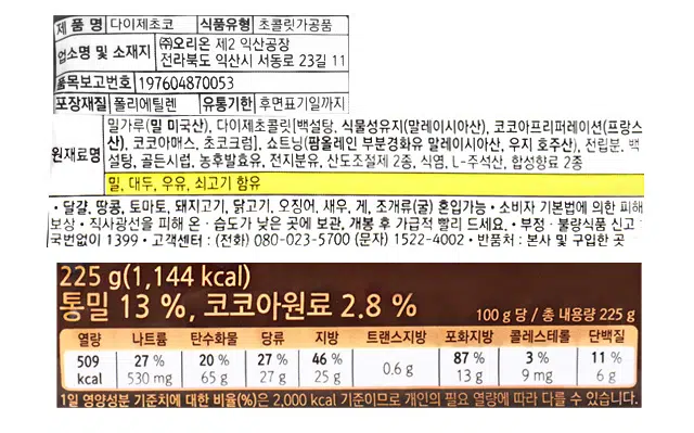 상품명: 다이제초코
식품유형: 초콜릿가공품
원재료명: 밀가루(밀 미국산), 다이제초콜릿[백설탕, 식물성유지(말레이시아산), 코코아프리퍼레이션(프랑스 산). 코코아매스, 초코크럼], 쇼트닝(팜올레인 부분경화유 알레이시아산, 우지 호주산), 전립분, 백설탕, 골든시럽, 농후발효유, 전지분유, 산도조절제 2종, 식염, L-주석산, 합성향료 2종
주원료 함량: 통밀 13%, 코코아원료 2.8%
총 내용량: 225g
100g당 열량: 530kcal
100g당 나트륨: 27%
100g당 탄수화물: 20%
100g당 당류: 27%
100g당 지방: 46%
100g당 트랜스지방: 87%
100g당 포화지방: 11%
100g당 콜레스테롤: 3%
100g당 단백질: 6%
제조업자: (주)오리온
제조업소 및 소재지: 제2 익산공장, 전라북도 익산시 서동로 23길 11
포장재질: 폴리에틸렌
유통기한: 후면표기일까지
알레르기 유발물질: 밀, 대두, 우유, 쇠고기 함유
부정 + 불량식품 신고: 국번없이 1399
고객센터: (전화) 080-023-5700 (문자) 1522-4002
반품처: 본사 및 구입한 곳